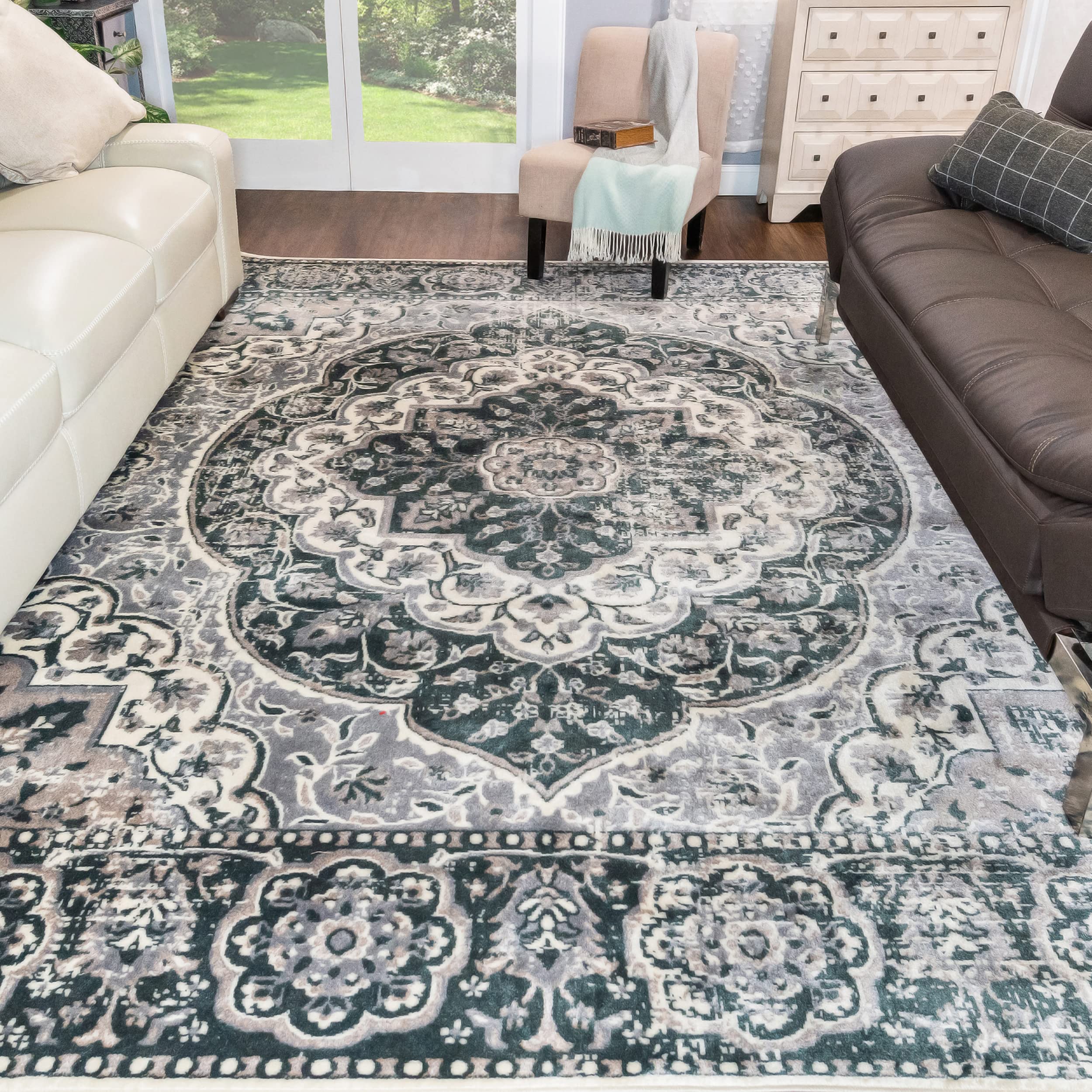 Premium Indoor Large Area Rug with Jute Backing - Non-Slip, Pet & Kid Friendly - 8' x 10' Nightfall Blue Floral Medallion Design - Perfect for Living Room, Bedroom, Dorm, Hallway & Entryway - Boho Chic Decor from Bodhi Collection - Ideal for Home Decor, Family Gatherings & Cozy Spaces