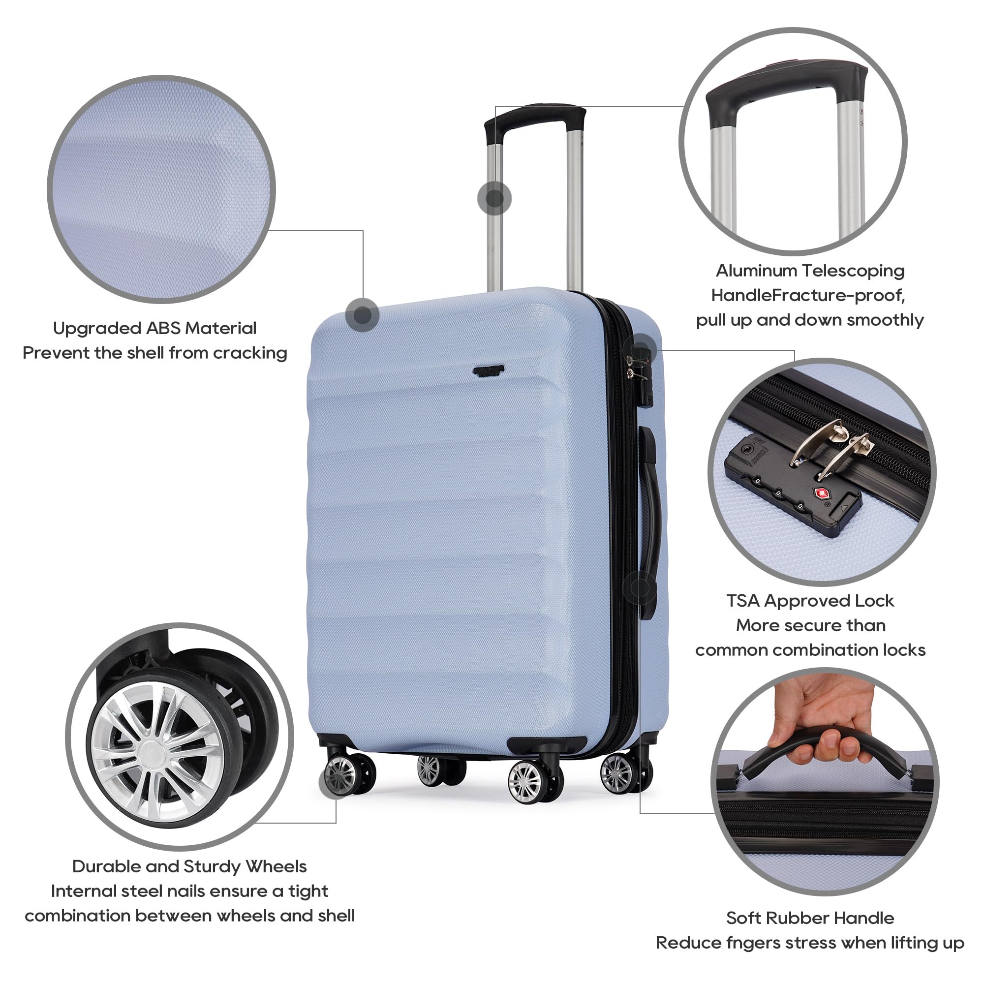 3-Piece Expandable ABS Hardshell Suitcase Set with Spinner Wheels & TSA Lock - 20/24/28 Inch Light Blue Luggage for Family Travel, Airplane Carry-On, Business Trips & Vacation Packing
