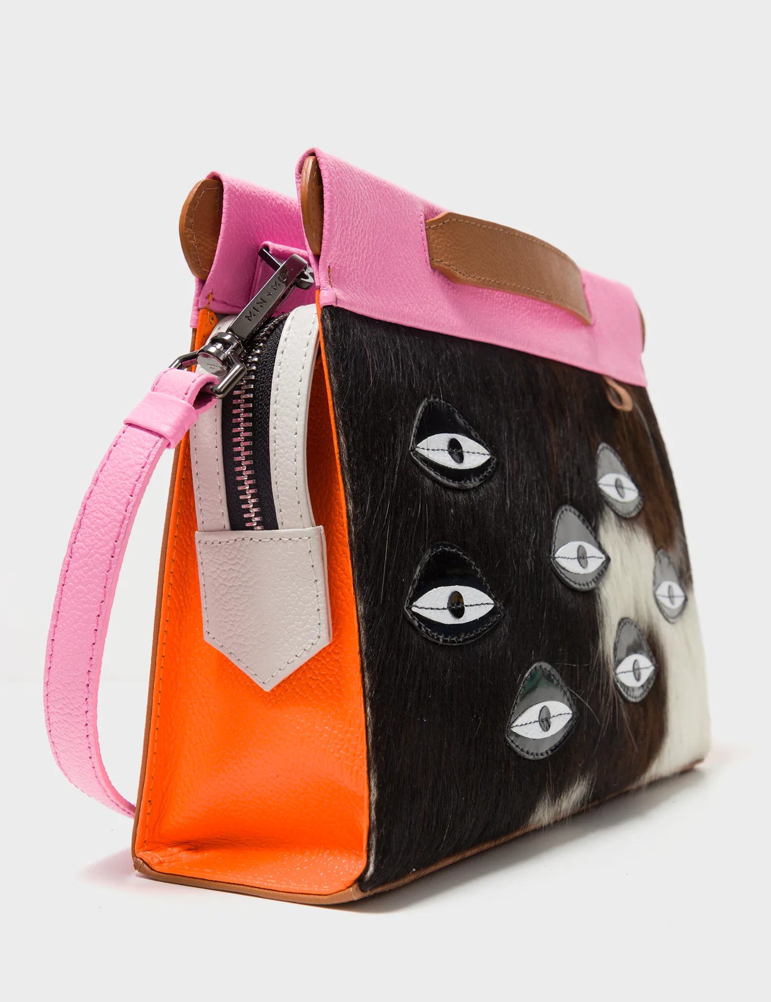 Vali Crossbody Small Bubblegum Pink & Neon Orange Leather Bag with Eyes Applique & Adjustable Handle - Stylish Women's Shoulder Purse for Daily Use, Shopping & Travel Accessories