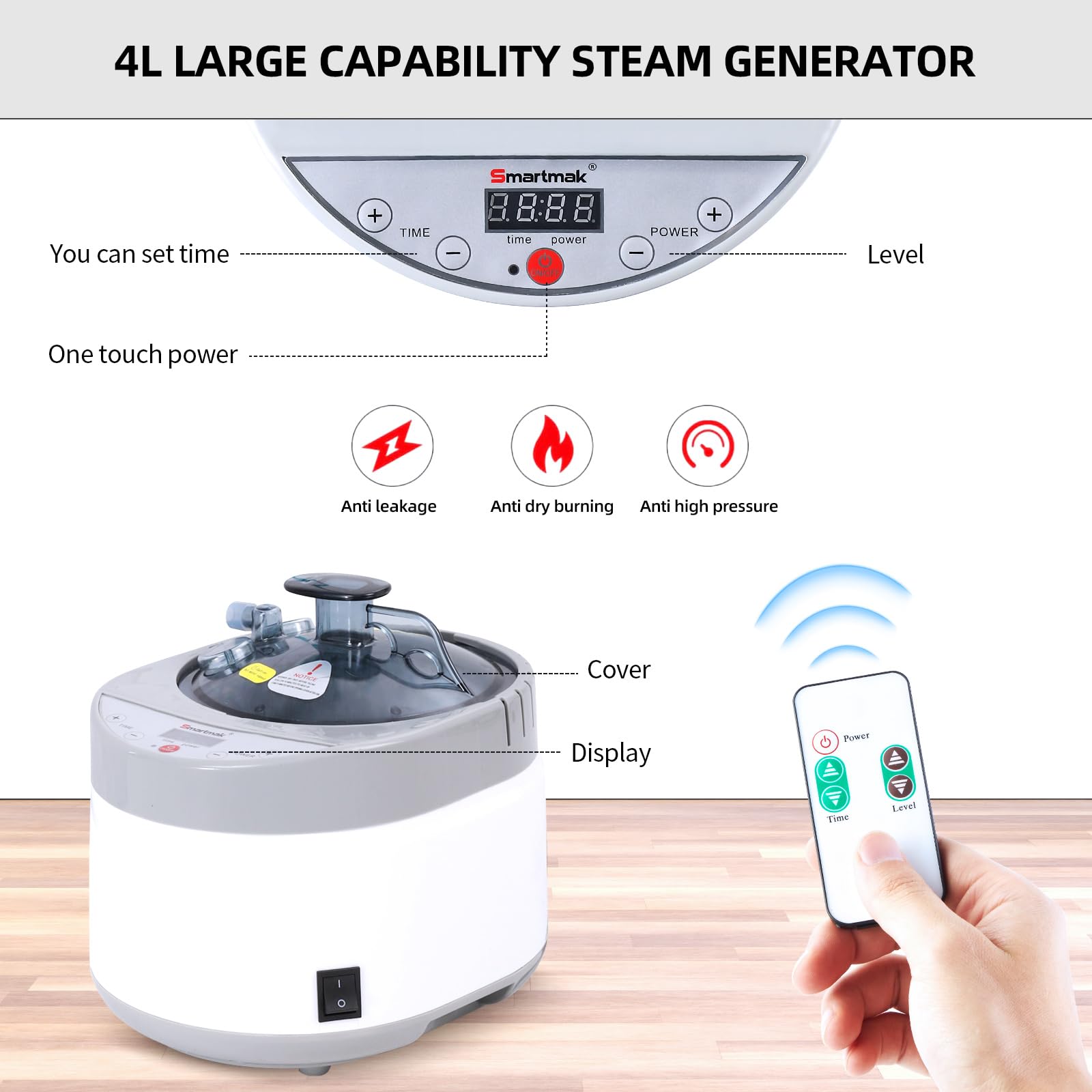 Smartmak 4L Portable Sauna Steamer - 1500W Upgraded Steam Pot Generator with Remote Control & 99-Min Timer - Herbal Detox Box for Home Spa & Body Detoxification - 110V US Plug - Perfect for Relaxation, Weight Loss & Skin Care
