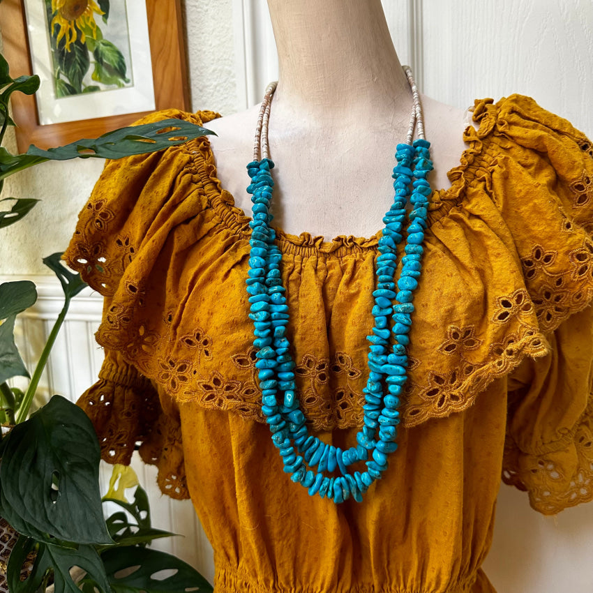 Vintage Blue Nugget Turquoise & White Heishi Bead Necklace - Handmade Boho Jewelry for Women, Southwest Style Beaded Choker | Perfect for Festivals, Weddings & Boho Fashion