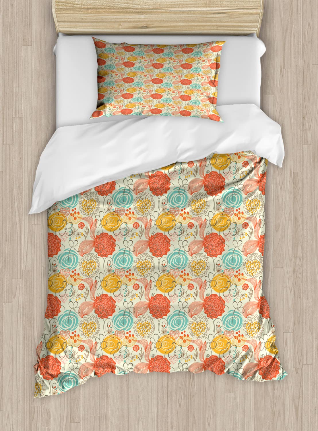 Ambesonne Vintage Duvet Cover Set - Cheerful Gardening Plants Doodle Art Pattern, Retro Romantic 2-Piece King Size Bedding with 4 Pillowcases | Perfect for Boho Bedroom Decor, Guest Room Makeover & Cozy Farmhouse Style