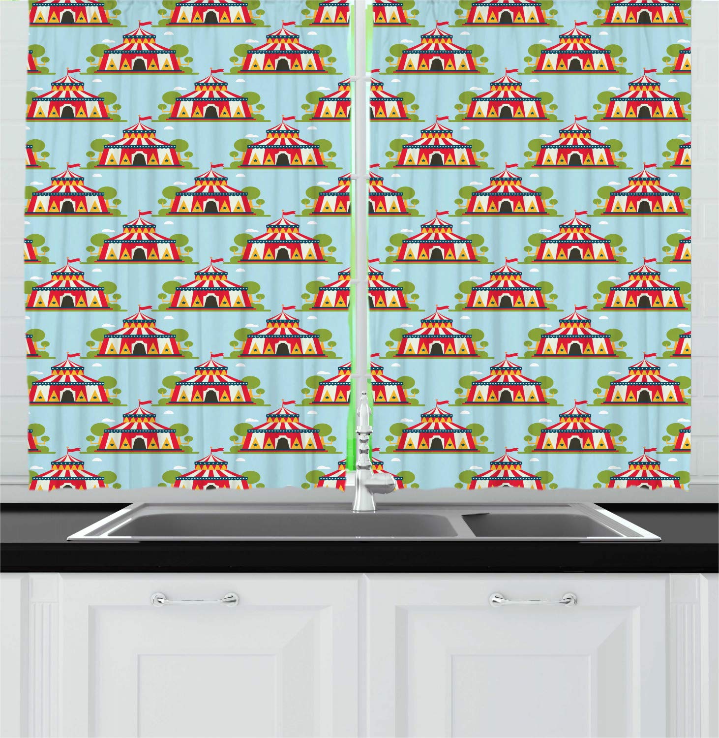 Ambesonne Circus Themed Kitchen Curtains - Fun Festival Cartoon Tent & Trees Print Window Drapes, 2 Panel Set for Kitchen & Cafe Decor, 55