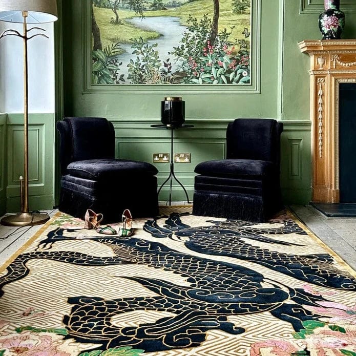 Premium Black & Gold Hand Tufted Dragon Florals Rug - Luxury Bohemian Home Decor for Living Room, Bedroom & Office - Pre Order Now