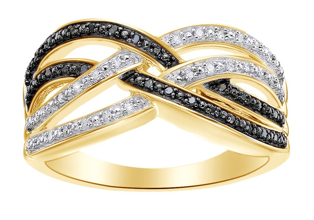 14K Gold Over Sterling Silver Black & White Diamond Crossover Ring (0.15 CTTW) - Elegant Jewelry for Weddings, Anniversaries & Special Occasions