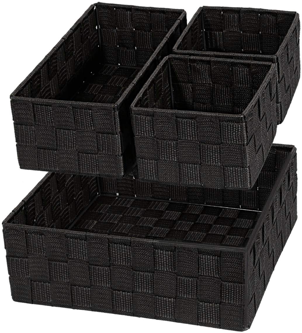 VK Living Woven Storage Baskets Set of 4 - Black Nylon Bra & Underwear Organizer for Drawer, Dresser, Closet | Space-Saving Home Organization Solution for Bedroom, Bathroom & Laundry Room