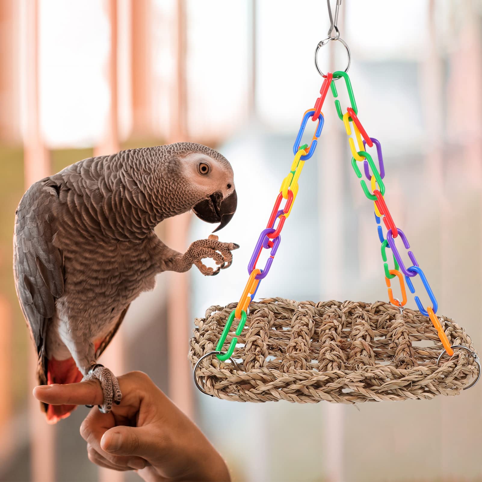 POPETPOP Bird Cage Swing - Woven Bird Perch for Budgies & Parakeets - Natural Wooden Chew Toy & Shredder - Hammock & Climbing Accessories for Parrots - Safe Teng Grass Plaything - Perfect for Cage Enrichment & Playtime