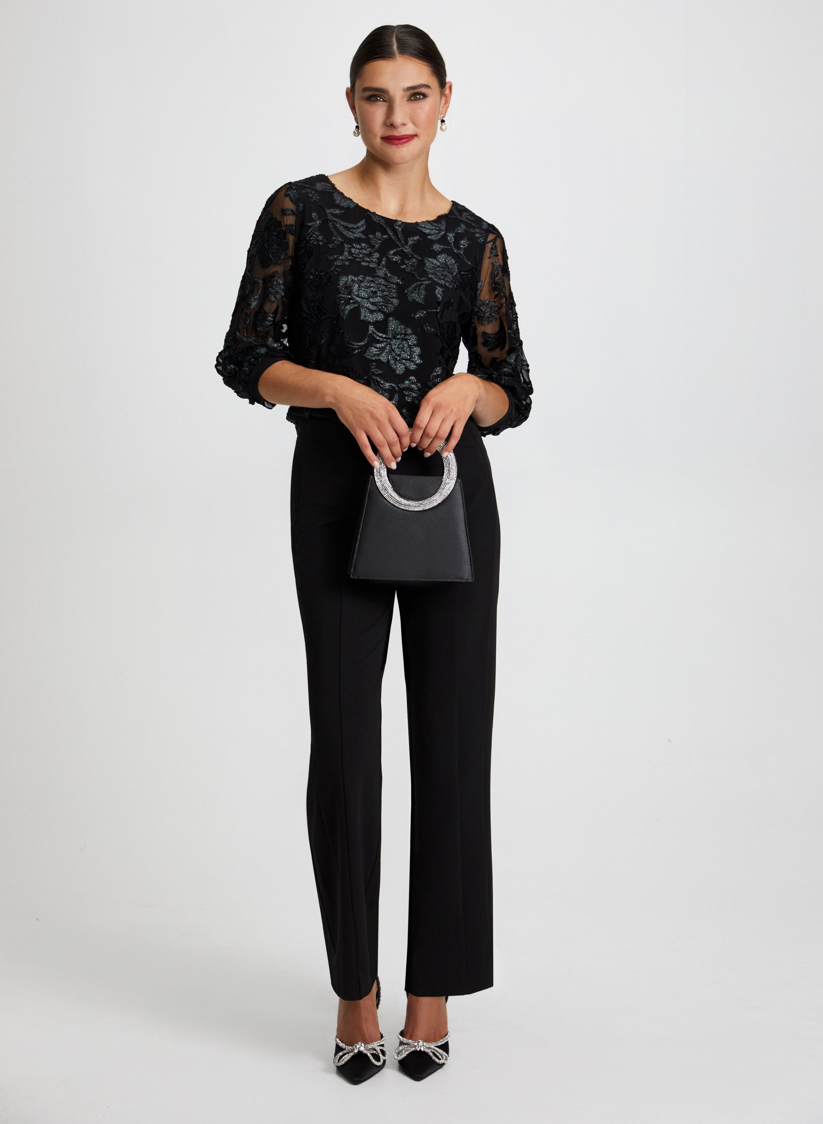 Floral Mesh Pants with Rhinestone Handle Clutch - Elegant Women's Evening Party Outfit for Dinner Date & Special Occasions