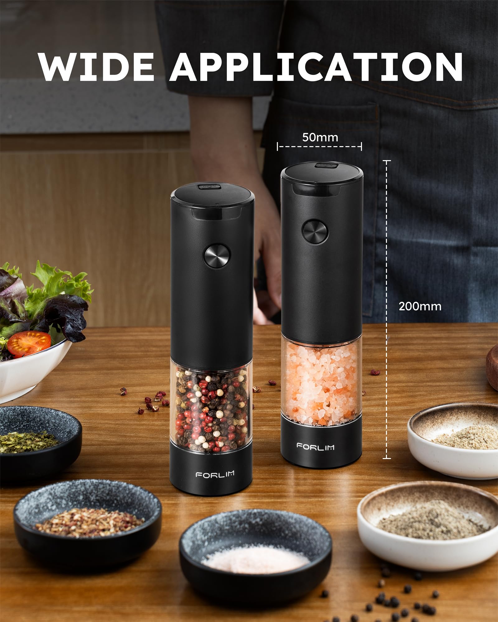 FORLIM Electric Pepper Grinder and Salt Grinder Set with LED Light - Battery Operated Spice Mill (95ml, Black) - Perfect for Kitchen, Dining Table & Outdoor Cooking