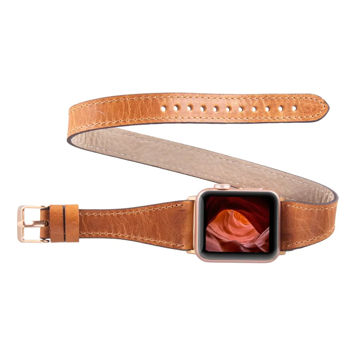 Premium Camel Brown Genuine Leather Double Tour Slim Strap for Apple Watch - Stylish & Comfortable for Everyday Wear, Workouts & Formal Occasions