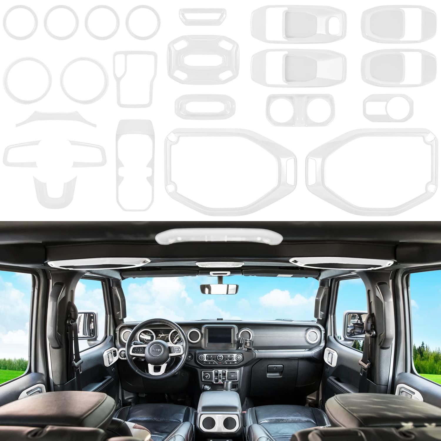 23PCS Full Interior Trim Kit for Jeep Wrangler JL JLU Gladiator JT 2018-2023 - Steering Wheel, Door Handle, AC Vent, Cup Holder, Reading Light & Headlight Gear Cover (White) | Premium Car Interior Accessories for Style & Protection