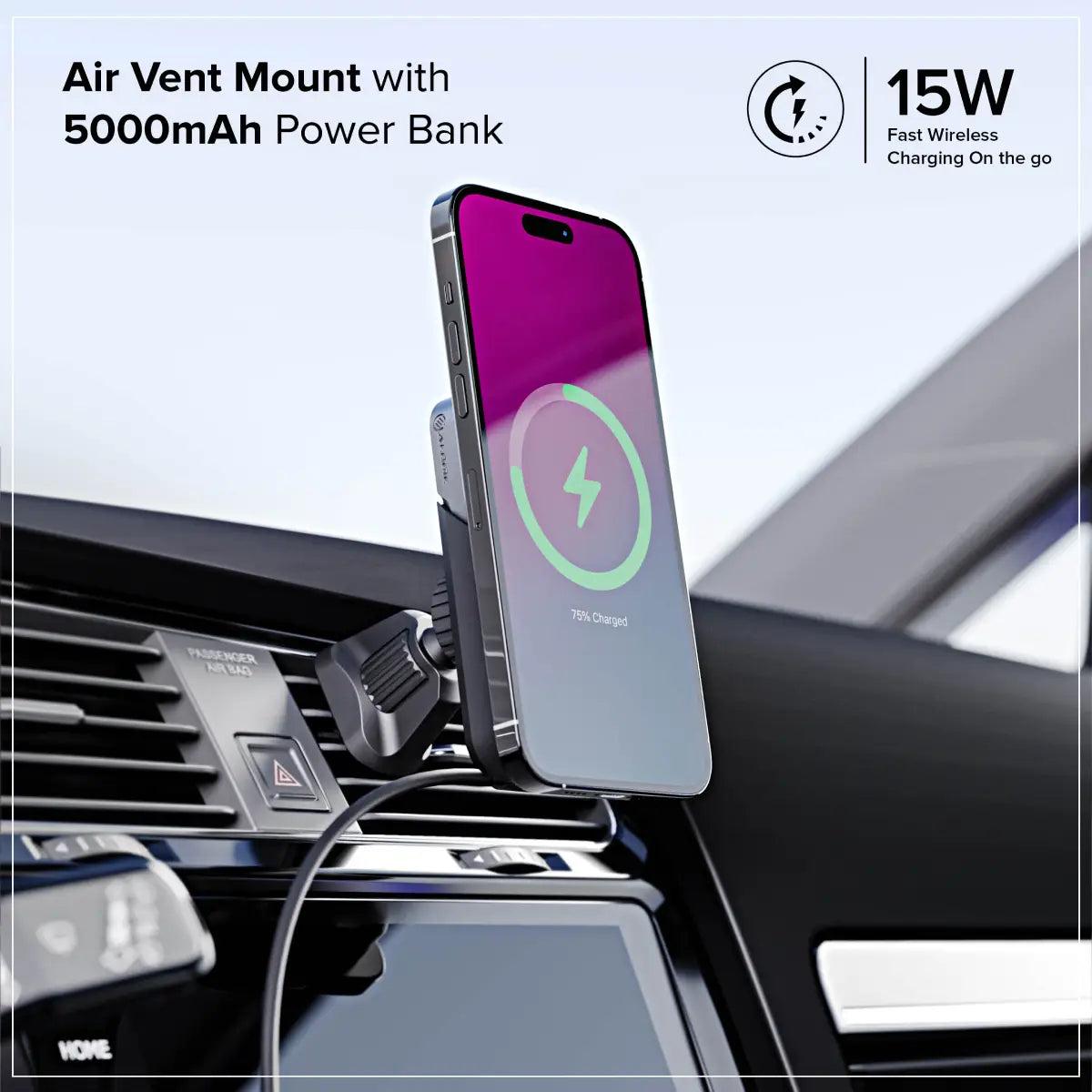 Matrix+ Universal Wireless Car Charger with Wireless Power Bank - Air Vent & Dashboard Phone Mount for iPhone, Samsung, Android - Fast Charging for Commuting, Road Trips & Travel
