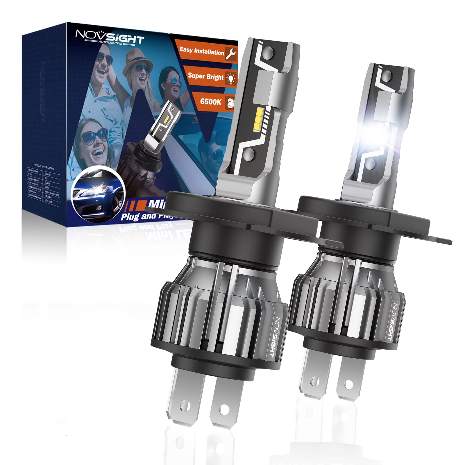 NOVSIGHT H4/9003/HB2 LED Headlight Bulbs - 300% Brighter, 6500K Xenon White, Mini Size High/Low Beam - Plug and Play Halogen Replacement (Pack of 2) - Perfect for Night Driving, Foggy Conditions & Off-Road Adventures
