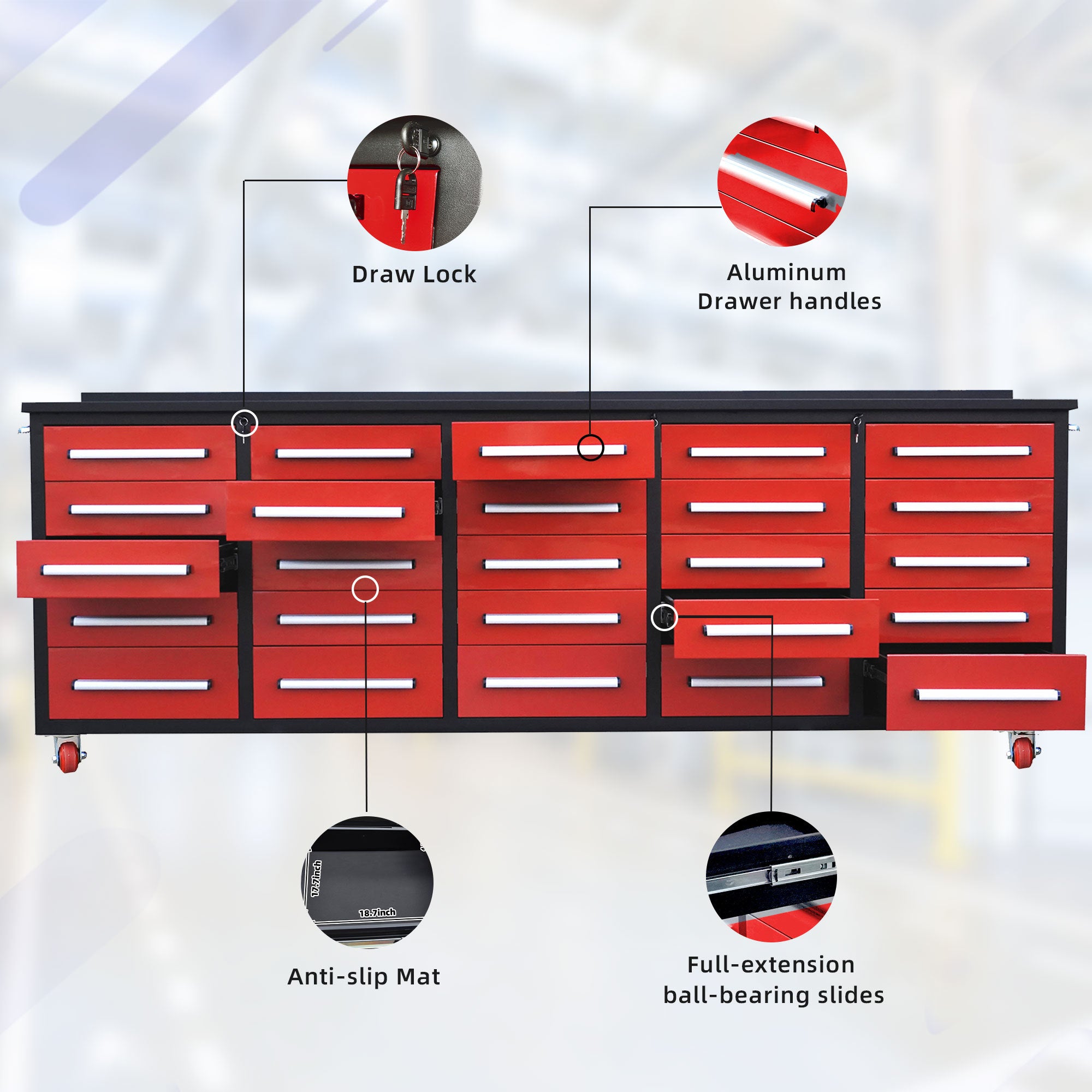 10ft Heavy Duty Workbench with 25 Storage Drawers - Red | Garage Workshop Organizer, Tool Storage Solution for DIY & Professional Use