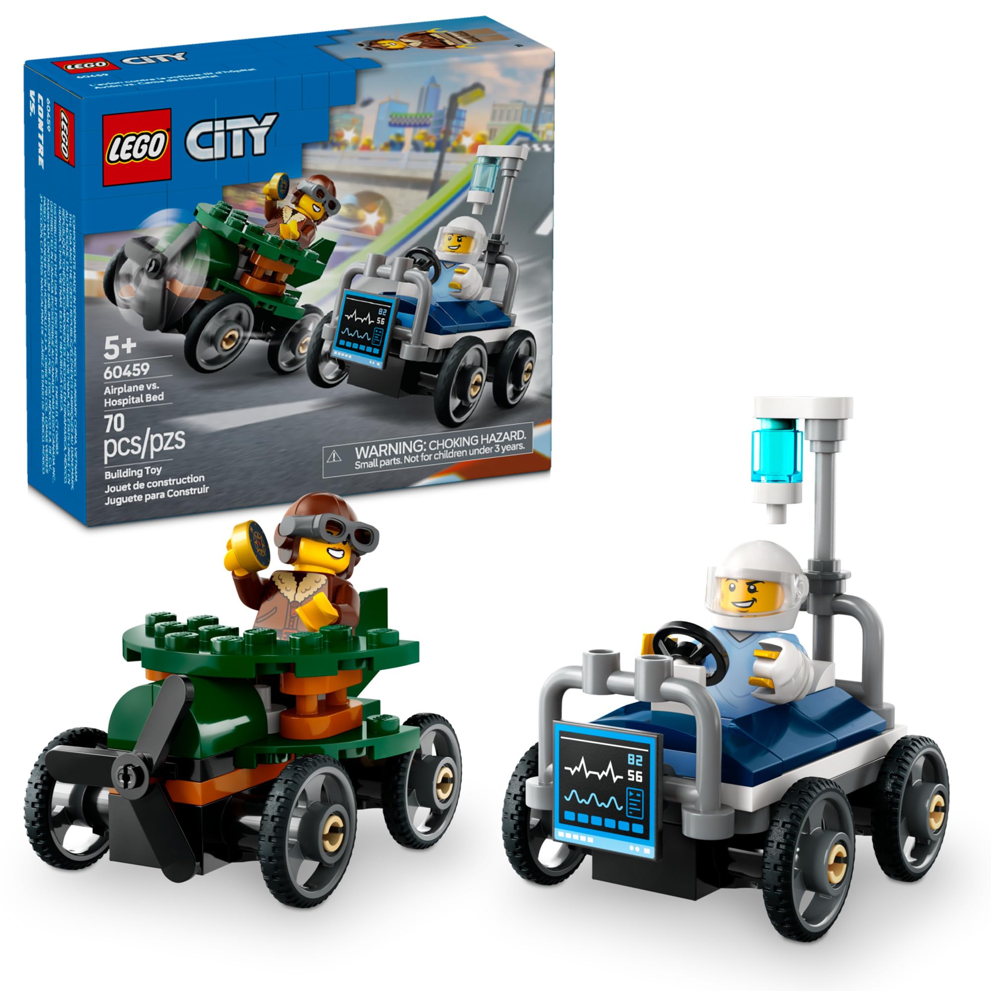 LEGO City Airplane vs. Hospital Bed Race Car Pack Toy Set - Creative Building Blocks for Kids Ages 5+ | STEM Learning Toy for Boys & Girls | Birthday & Holiday Gift with 2 Minifigures (60459) | Fun for Imaginative Play, Racing Adventures & Emergency Rescue Scenes