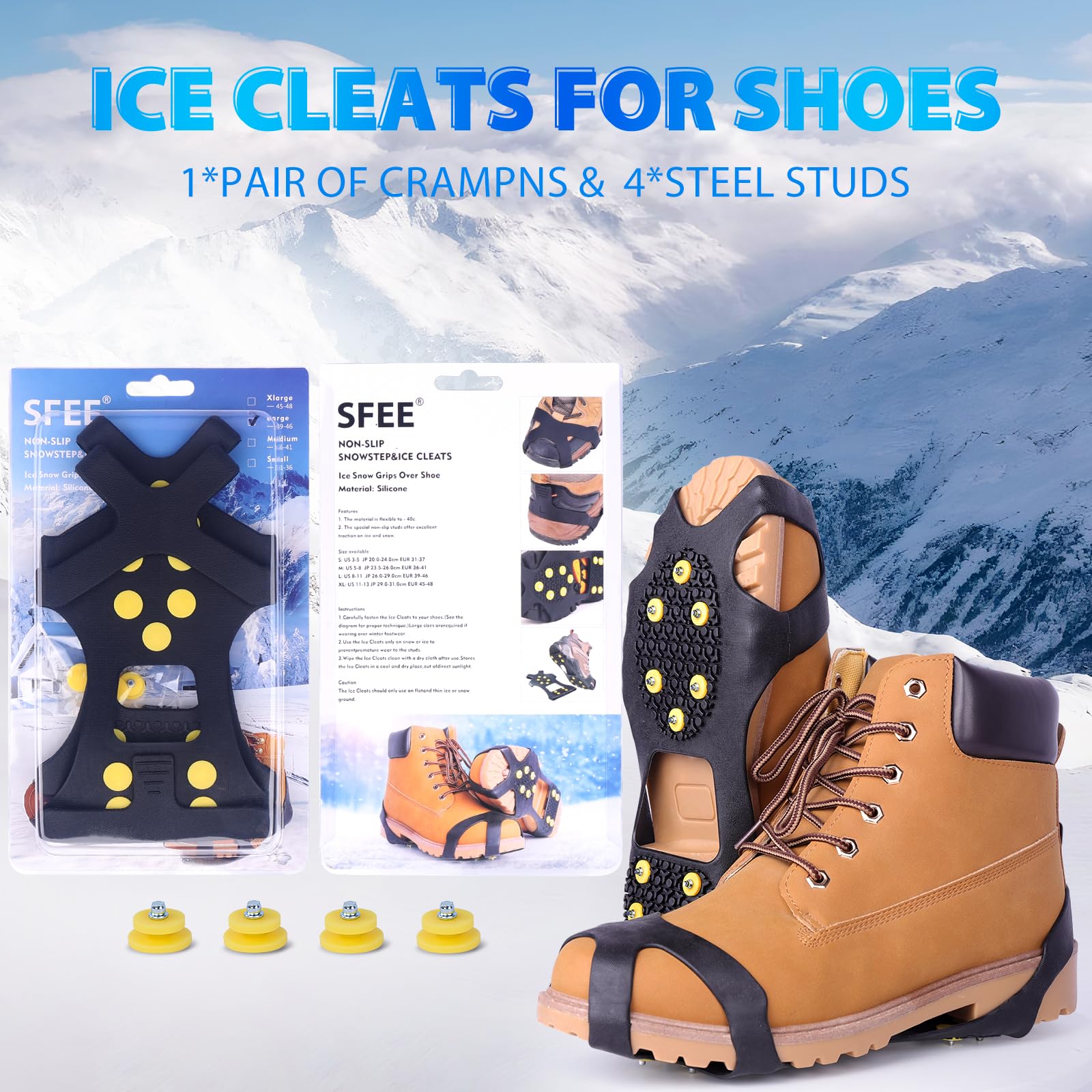 Sfee Ice Cleats for Boots & Shoes - 10 Steel Studs Anti-Slip Snow Grips for Hiking, Walking, Climbing & Jogging | Winter Traction Cleats for Ice & Snow | Perfect for Outdoor Adventures & Slippery Conditions