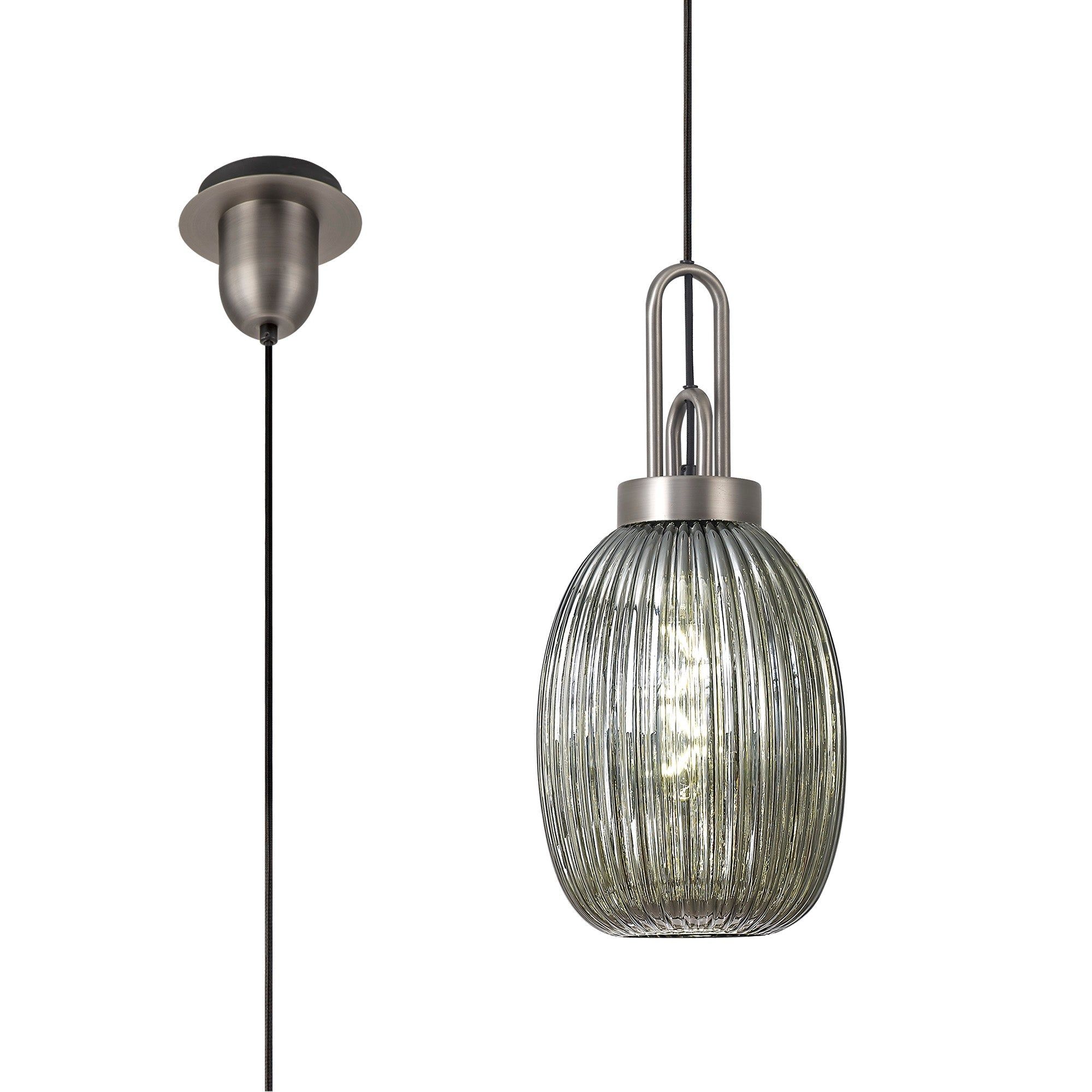 Cadiz 1-Light Pendant Light Fixture with 20cm Almond Ribbed Glass Shade, E27 Socket, IP20 Rated - Perfect for Kitchen Island, Dining Room, or Bedroom Lighting