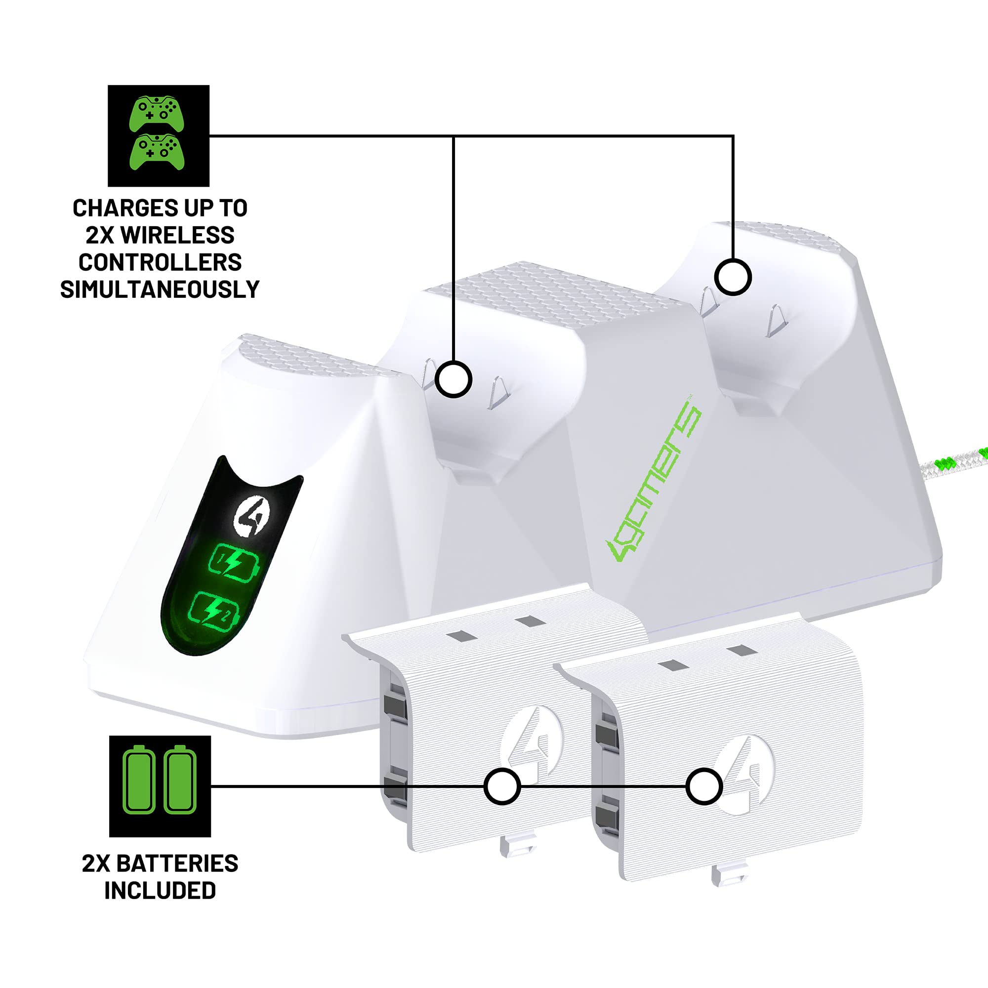 4Gamers Sx-C100 X Twin Charging Dock for Xbox Series X/S - White with 2 Rechargeable Batteries | Fast Charging Station | Gaming Accessories for Xbox Controllers | Perfect for Multiplayer Gaming Sessions