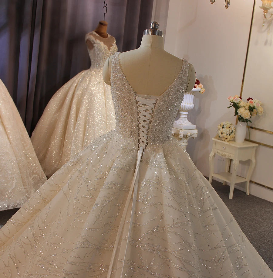 Elegant Beaded Sleeveless Ball Gown Wedding Dress - Luxury Bridal Gown with Full Crystal Embellishments for Bride, Prom, Quinceañera & Formal Events