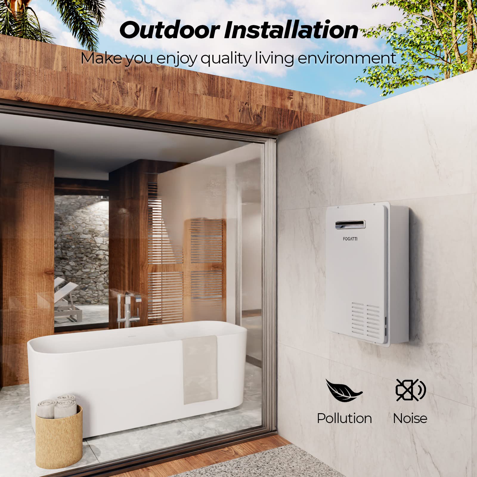 FOGATTI 7.5GPM Outdoor Natural Gas Tankless Water Heater - Instant Hot Water for RV, Camping & Outdoor Showers
