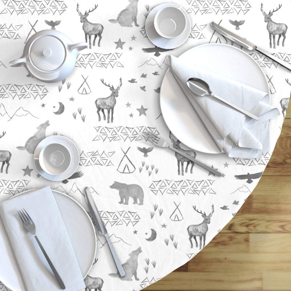 Custom Watercolor Woodland Leaves Deer Antlers Tribal Triangles Print Cotton Sateen Tablecloth - 90