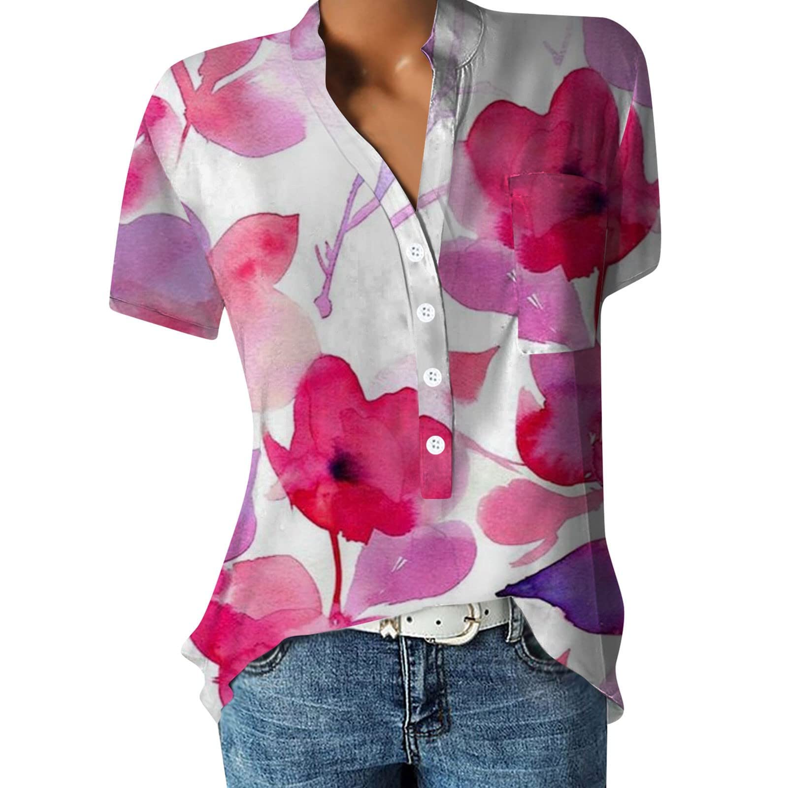 Women's Summer Tops - Classic V-Neck Short Sleeve Graphic Print Blouses with Pocket | Gym, Lounge & Workout T-Shirts | Casual E-Girls Tees for Outdoor Activities, Yoga & Daily Wear