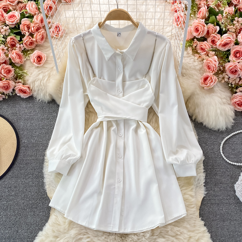Korean Style Autumn Long Sleeve Shirt Dress for Women - Fashionable Loose Fit Tunic Top with Belt - Perfect for Office, Dating & Fall Outfits