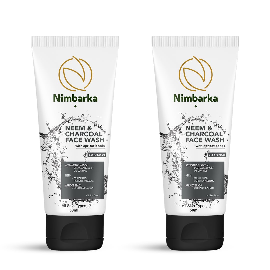 Nimbarka Neem & Activated Charcoal Face Wash for Deep Cleansing & Oil Control - Antibacterial, Fights Acne & Skin Problems with Exfoliating Apricot Beads | 50ml (Pack of 2) | Perfect for Oily & Acne-Prone Skin, Daily Skincare Routine