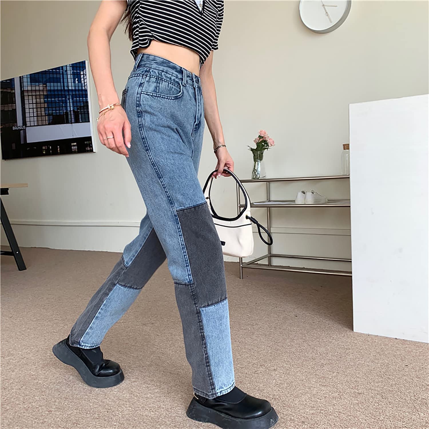 Women's High Waisted Color Block Jeans - Stretch Straight Leg Denim Pants with Patchwork Design | Trendy Casual & Office Wear for Women and Girls