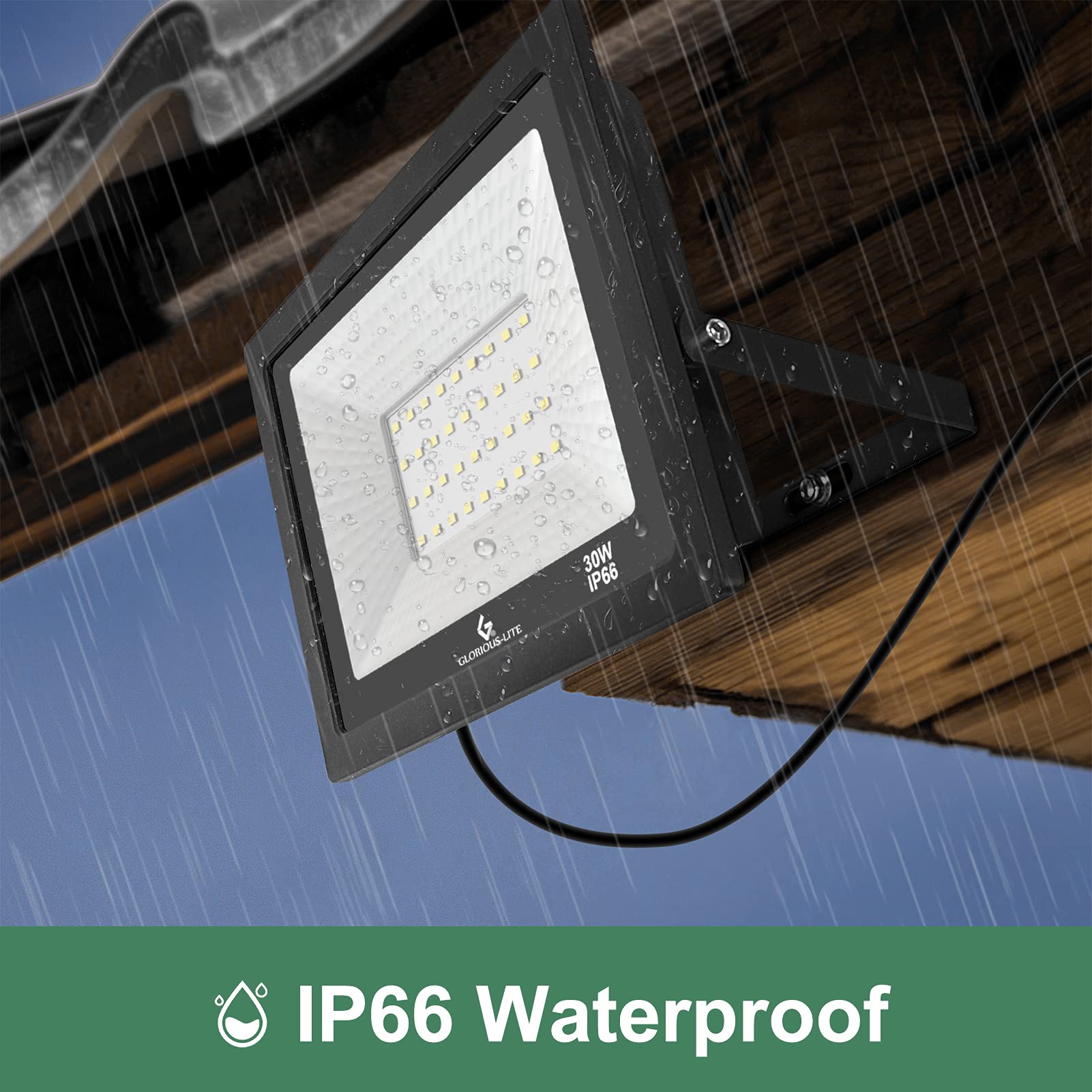Glorious-Lite 30W 3000LM LED Flood Lights Outdoor, IP66 Waterproof Plug-in Work Light with 6000K Daylight White - 2 Pack for Garage, Yard, Garden, Playground Security Lighting | Perfect for Nighttime Safety, Landscape Illumination & Outdoor Activities