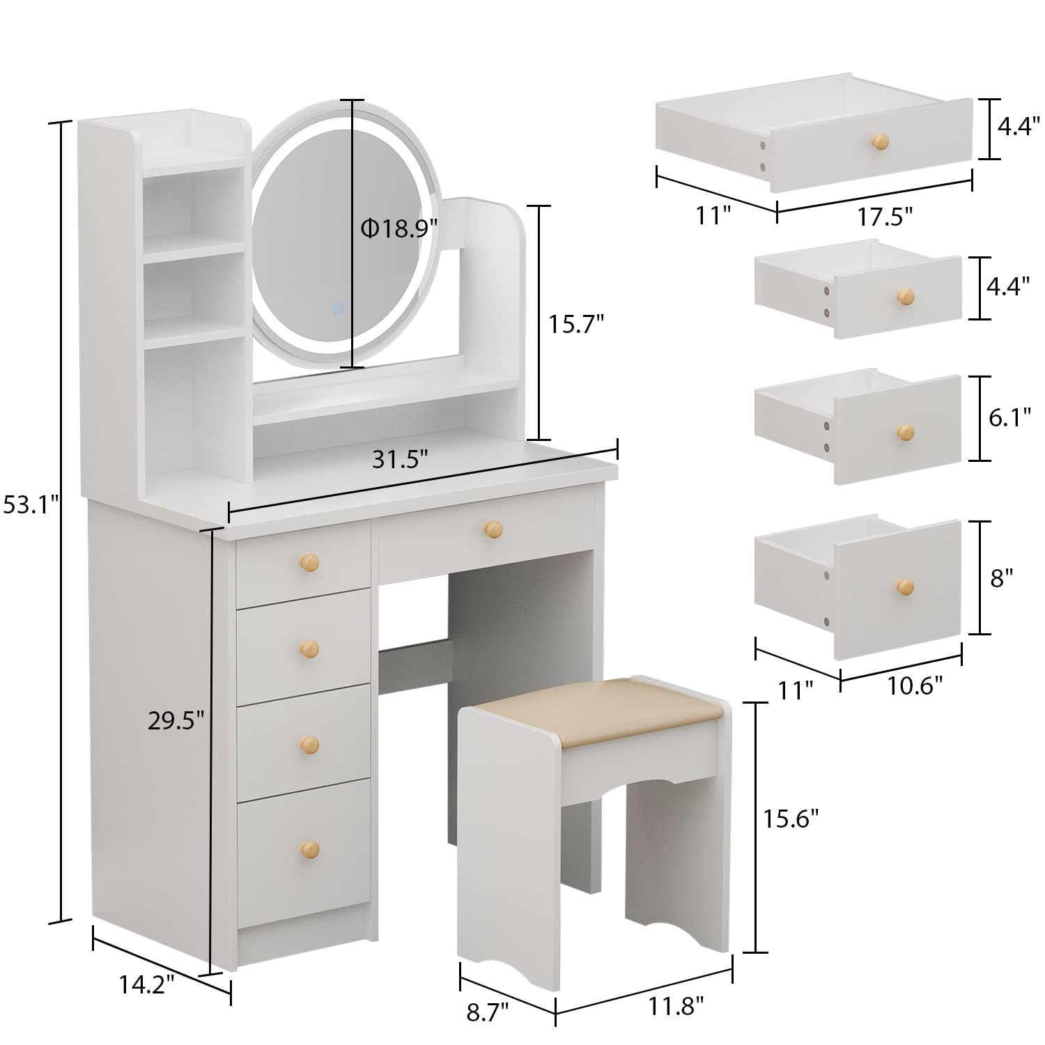 FUFU&GAGA White Vanity Set with LED Round Mirror - 5 Drawer Makeup Dressing Table, Storage Shelves & Cushioned Stool for Bedroom, Bathroom or Dressing Room - Perfect for Makeup Application, Hair Styling & Home Decor