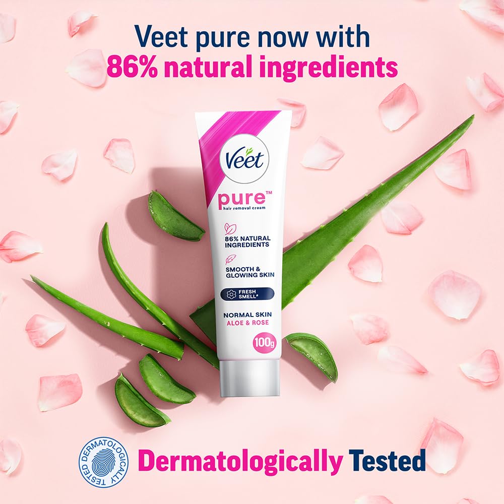 Veet Pure Hair Removal Cream for Women - 100g | Gentle Formula for Normal Skin | Safe for Legs, Underarms, Bikini Line & Arms | Painless At-Home Hair Removal Solution | Perfect for Beach Prep & Smooth Summer Skin