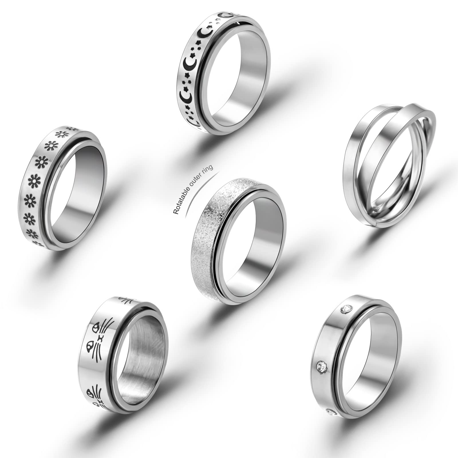 6Pcs Stainless Steel Fidget Rings Set - Moon Star Flower Cat Anxiety Relief Spinner Rings for Women & Men (Size 6-11) | Stress Relief, Focus Aid & Sensory Toy for ADHD, Anxiety & Office Work
