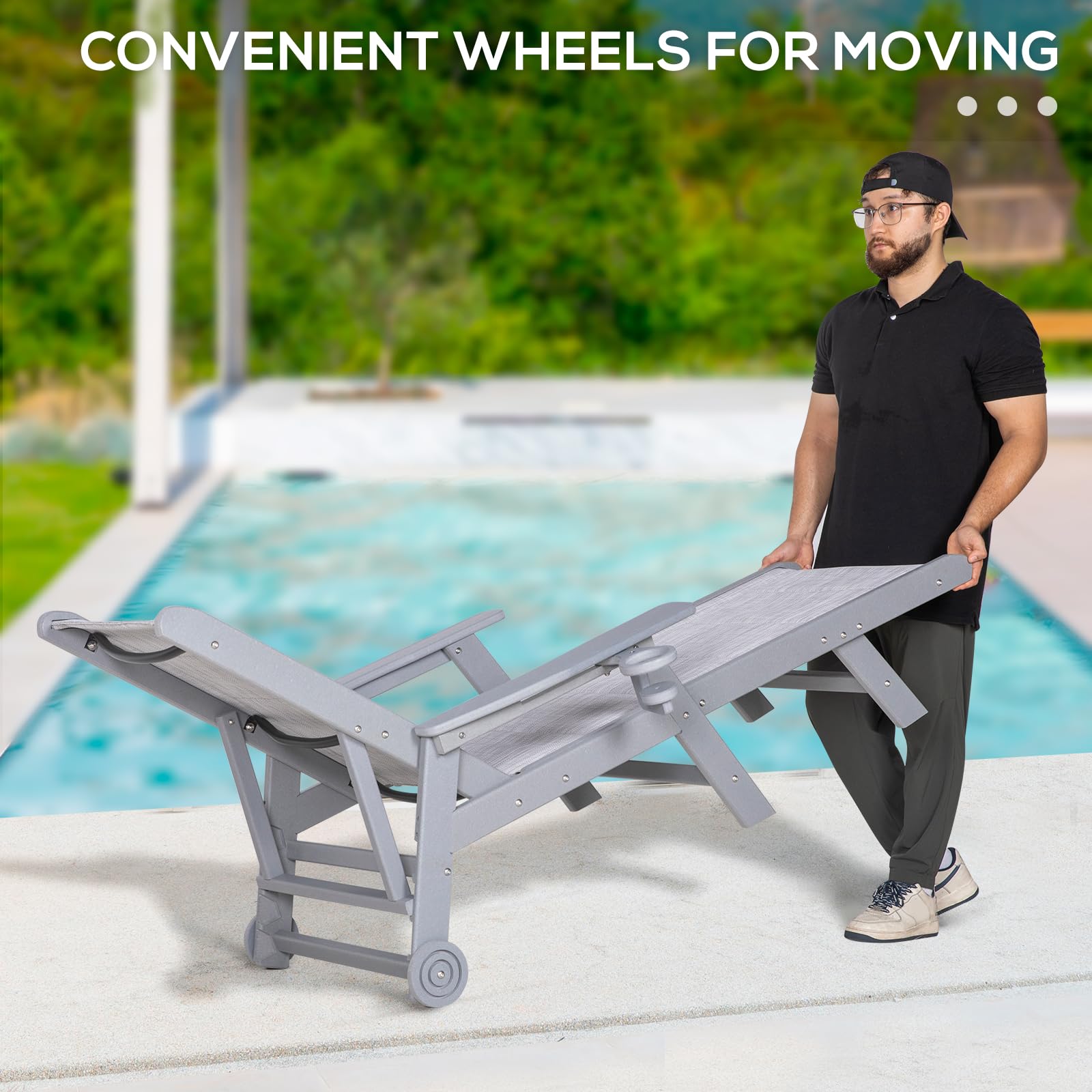 5-Position Adjustable Outdoor Chaise Lounge Chair with Textilene Surface, Wheels & Cup Holder - HDPE Poolside, Beach & Patio Recliner for Relaxing (Grey, 1 Pack) - Perfect for Backyard, Swimming Pool & Seaside Lounging