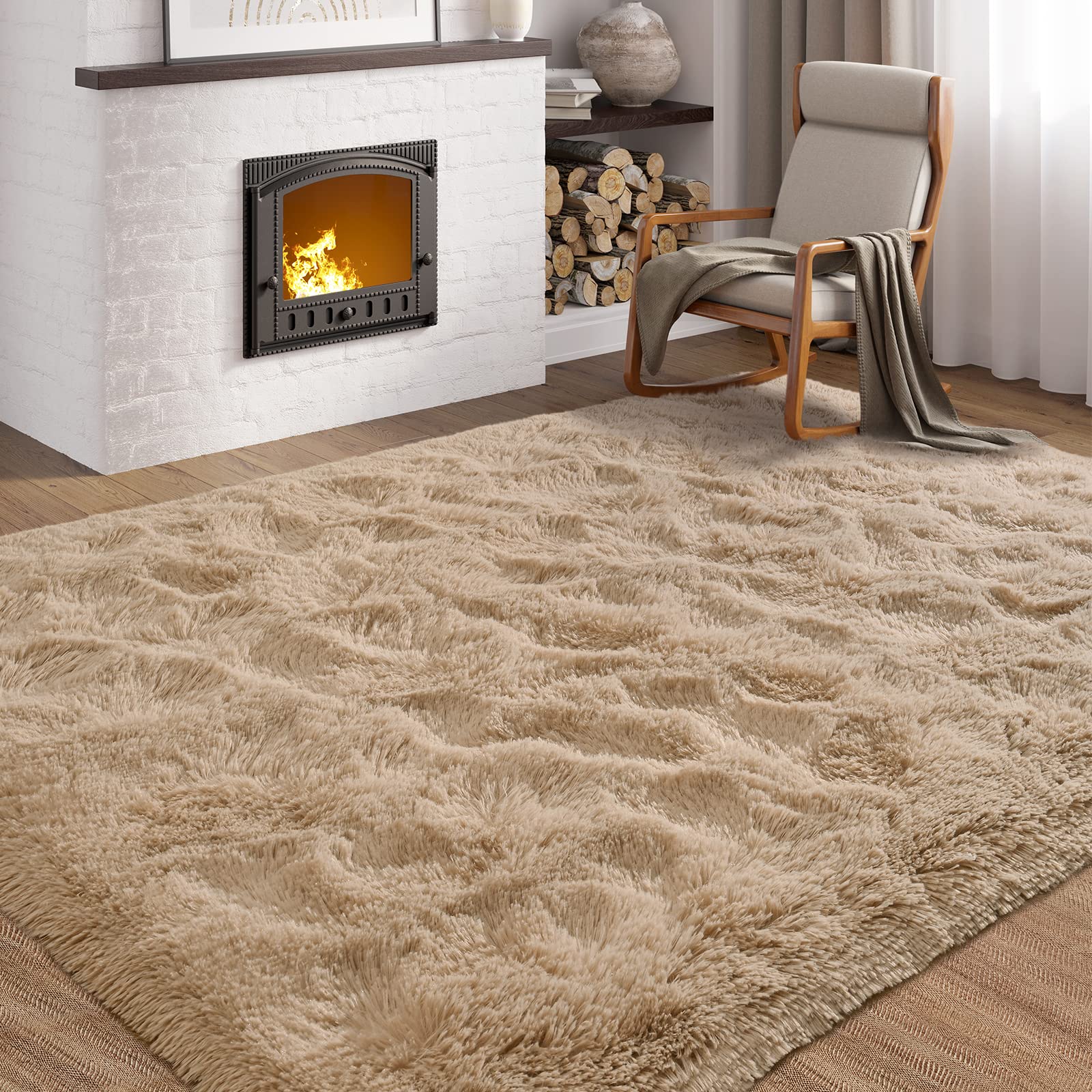Softlife 5.3x7.6 Feet Shaggy Area Rug - Ultra Plush Fluffy Fuzzy Carpet for Living Room, Bedroom, Nursery & Kids Room | Super Soft Long Shag Bedside Rug | Christmas Home Decor for Boys & Girls (Beige) | Perfect for Cozy Family Gatherings, Playtime & Holiday Decorations