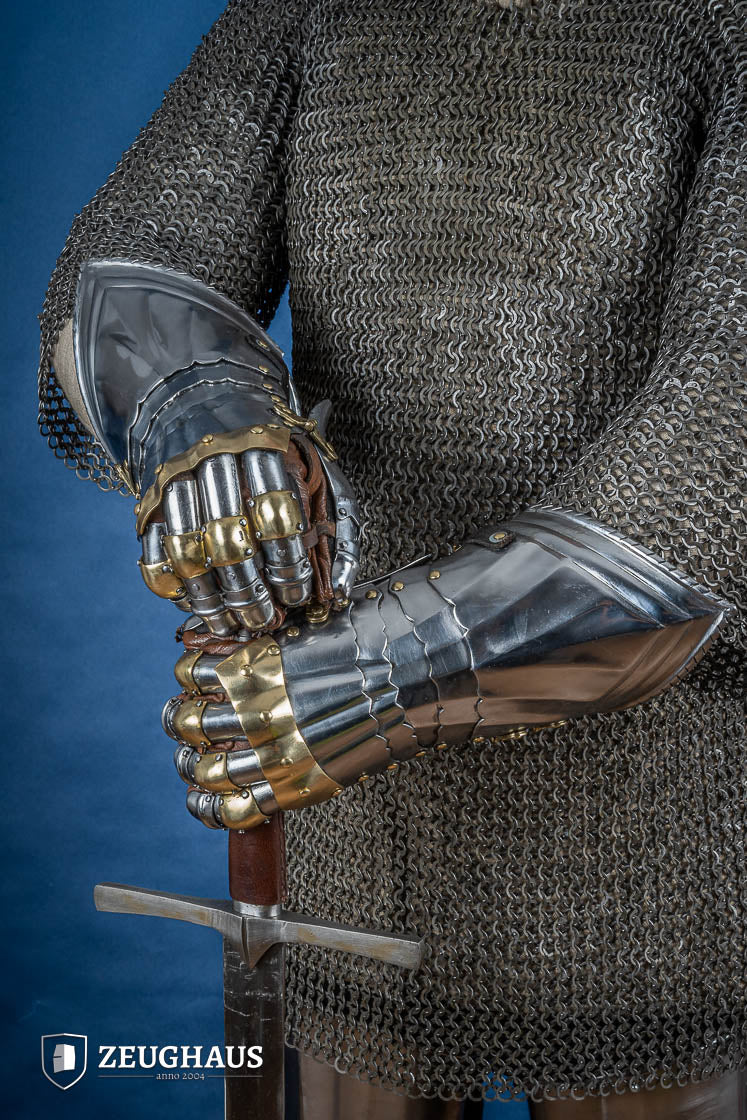 15th Century German Gauntlets - 1.2mm Steel Medieval Armor with Brass Accents for LARP, Cosplay, and Historical Reenactment