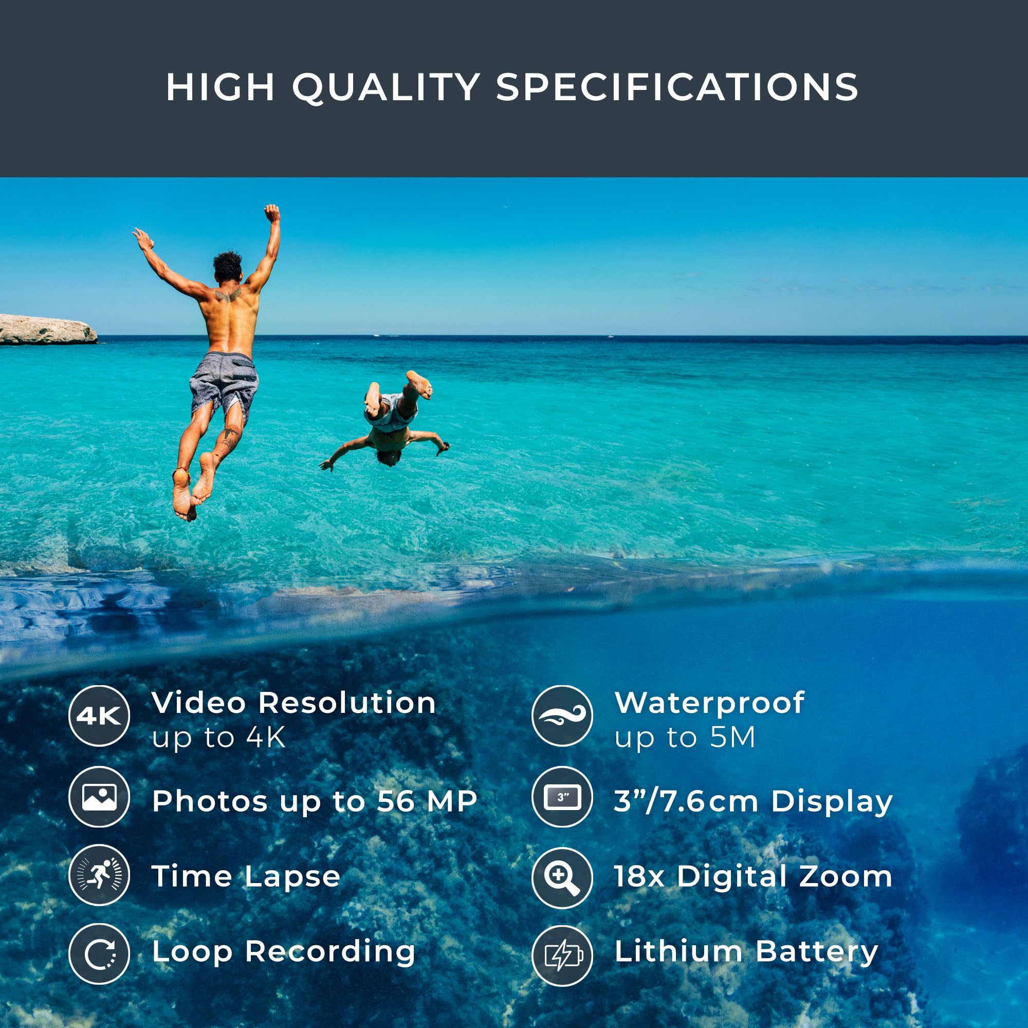 Easypix WDV5630 Yellow Waterproof Digital Camcorder - 4K UHD Video, 56MP Photos, 18x Zoom, 13MP Sensor, 5m Water Resistant - Perfect for Snorkeling, Beach Vacations & Underwater Adventures