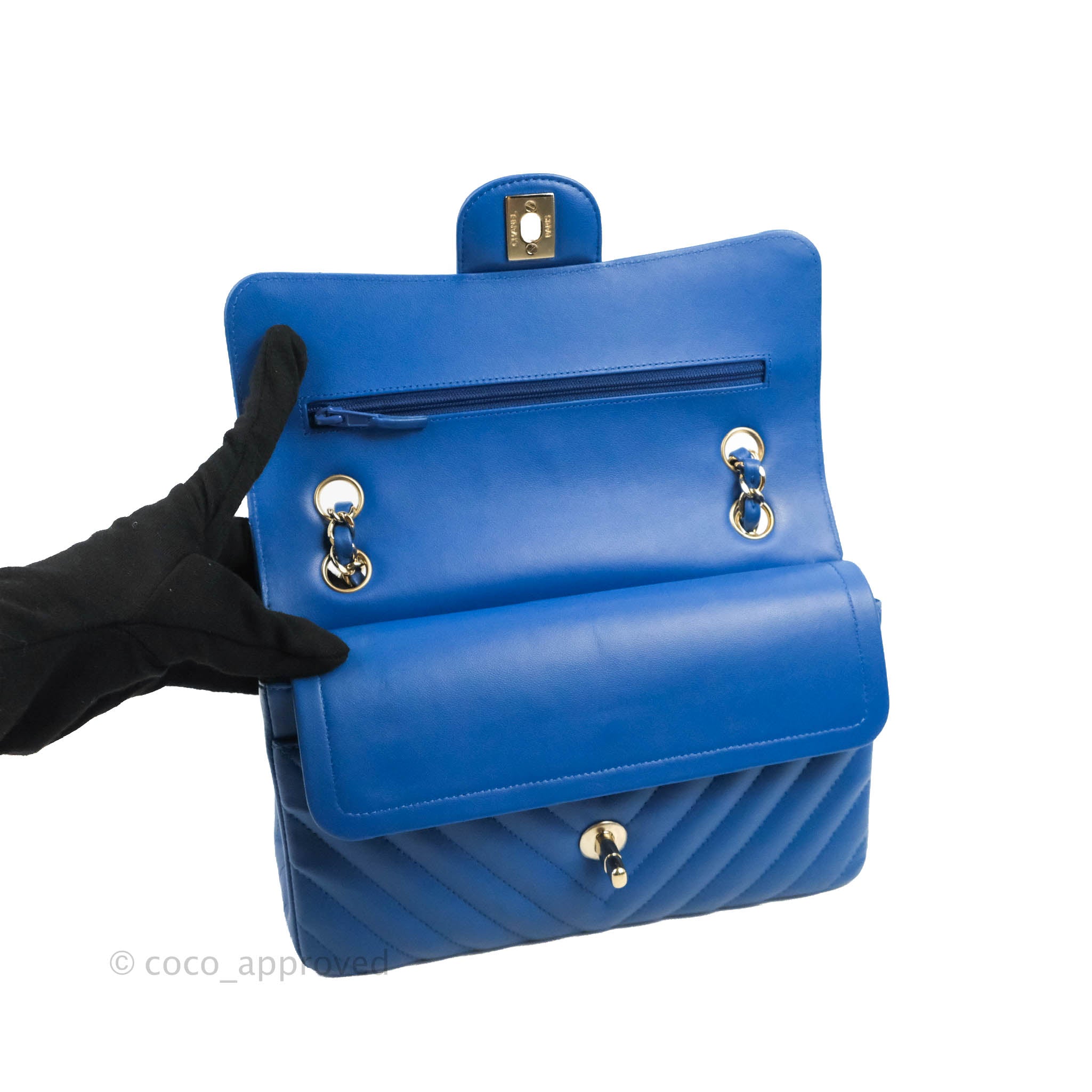 Chanel Classic Chevron Small Double Flap Bag in Blue Lambskin Leather with Gold Hardware - Luxury Crossbody Purse for Women, Perfect for Evening Events & Date Nights