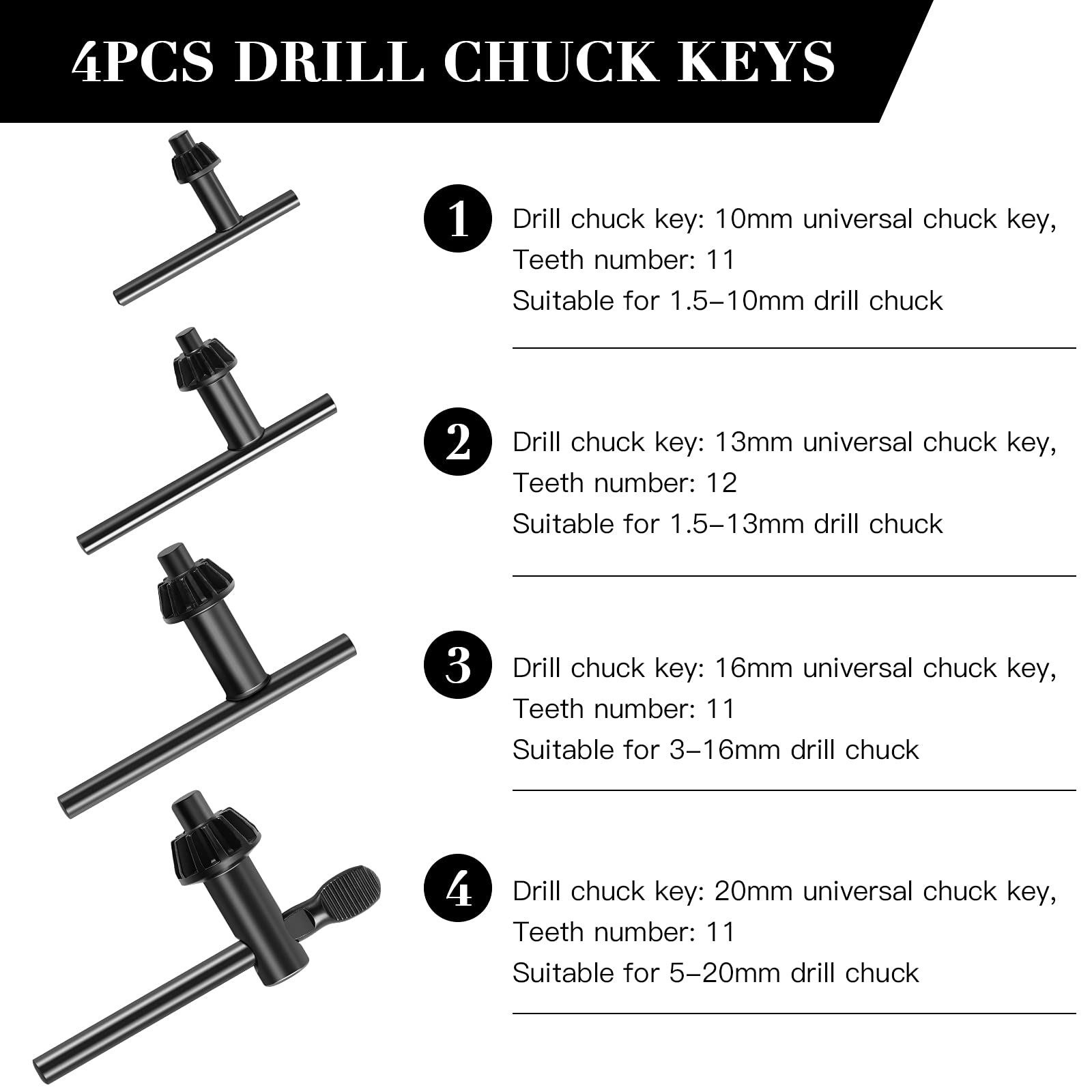 4-Piece Drill Chuck Wrench Kit - Replacement Chuck Key for Electric & Hand Drills - Durable Clamping Tool for Drill Press Accessories - Perfect for Woodworking, Metalworking & DIY Projects