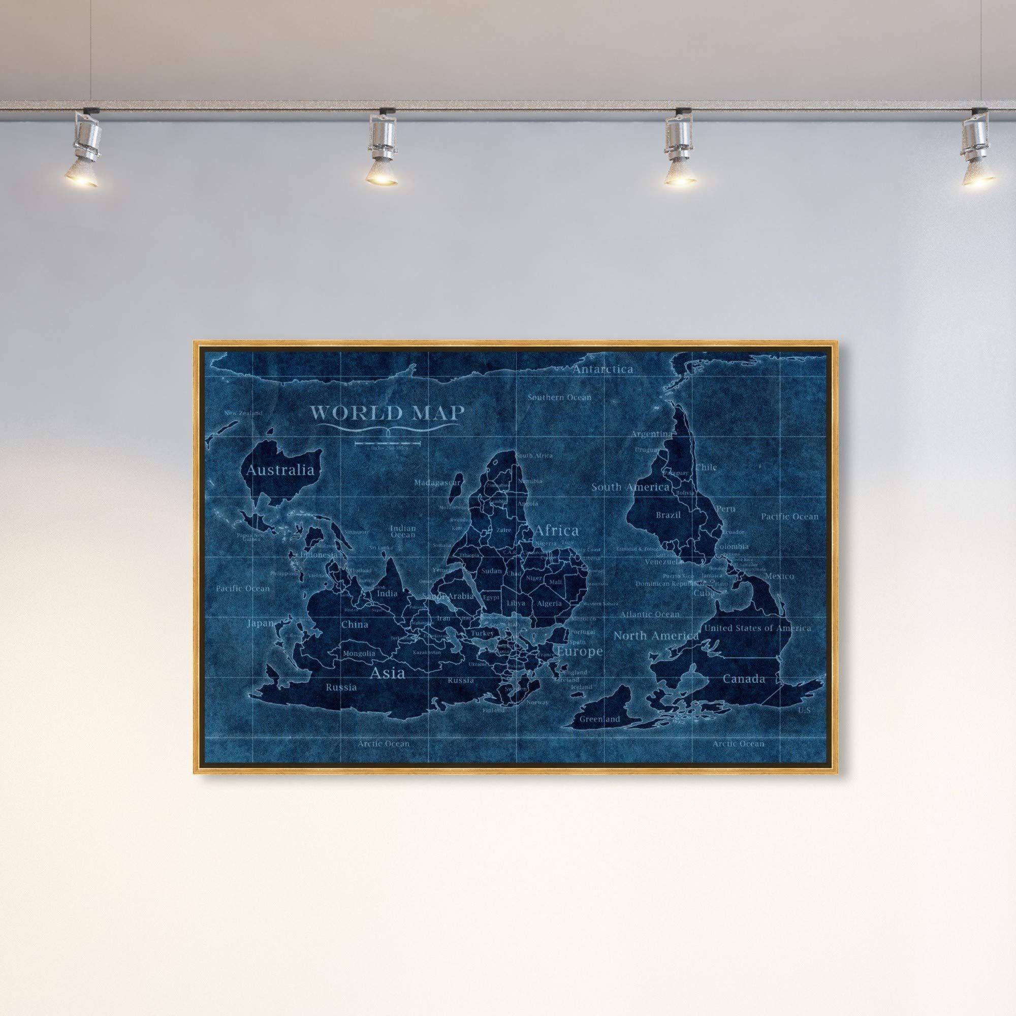 Upside-Down World Map Framed Wall Art - Premium Canvas Prints for Home & Office Decor | Unique World Maps & Flags Design for Living Room, Bedroom or Study