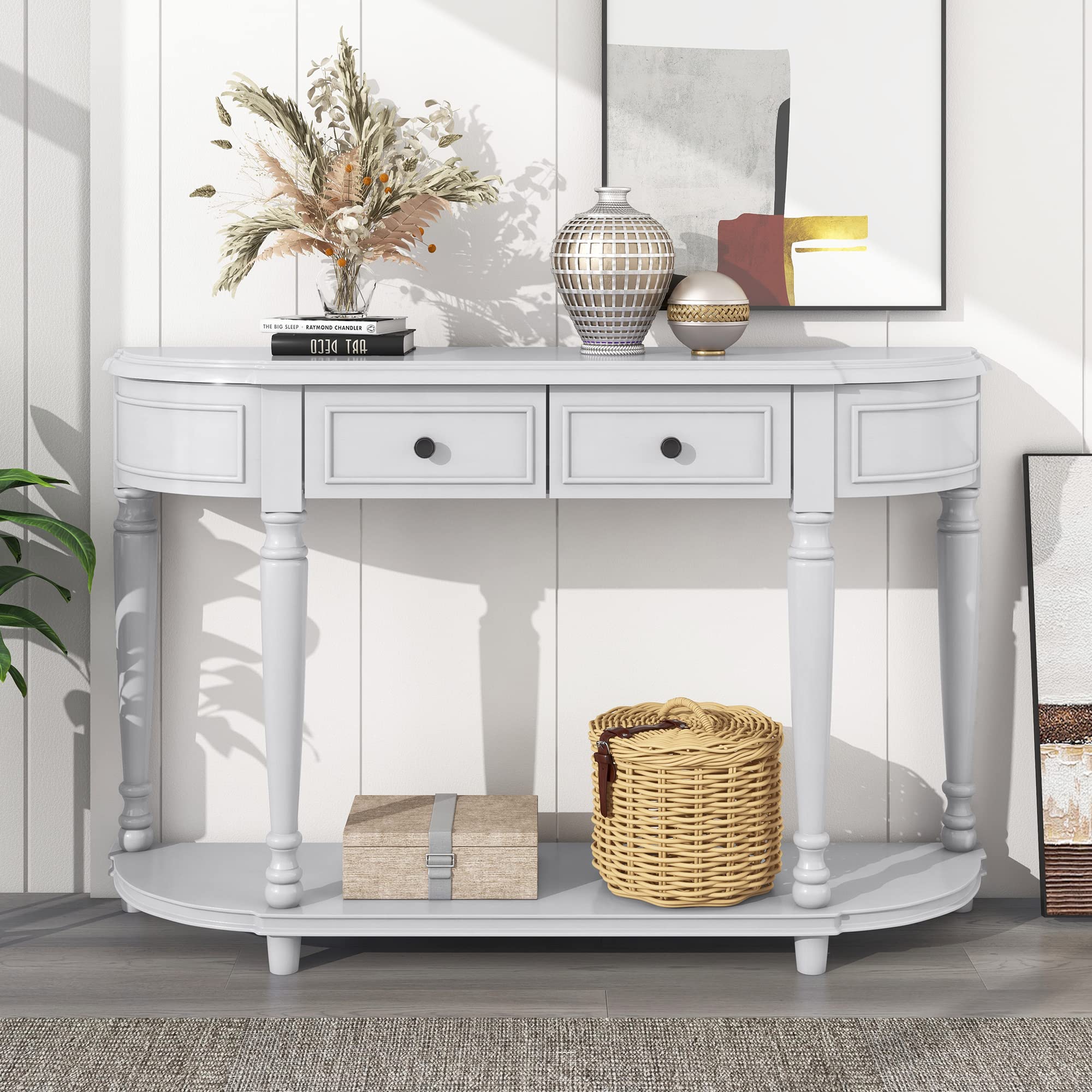Vintage Half Moon Console Table with Storage Drawers & Open Shelf - Narrow Curved Sofa Table for Entryway, Living Room, Hallway - Grey Wash Distressed Finish - Perfect for Small Spaces & Farmhouse Decor
