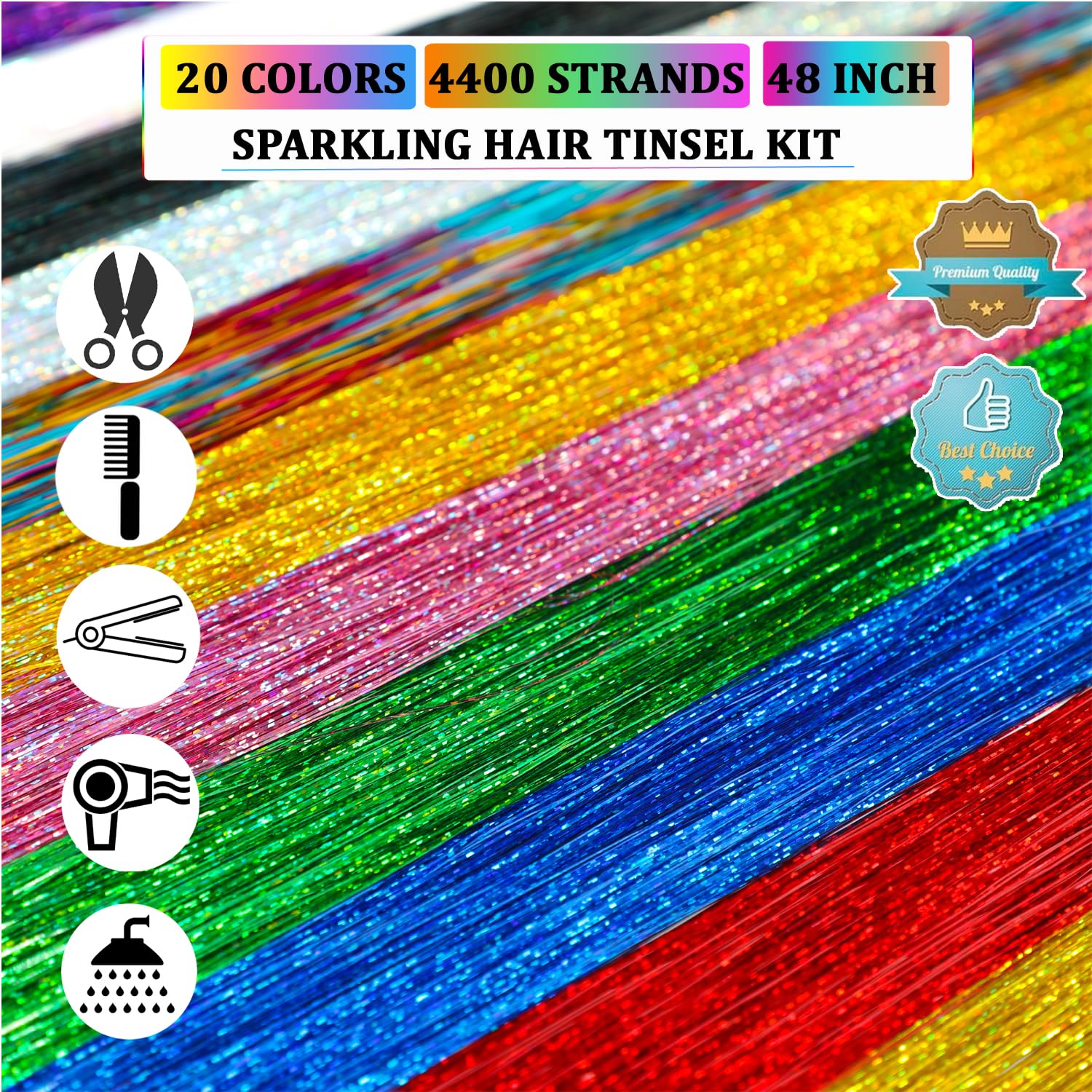 20 Colors Sparkly Hair Tinsel Kit - 4400 Strands 48