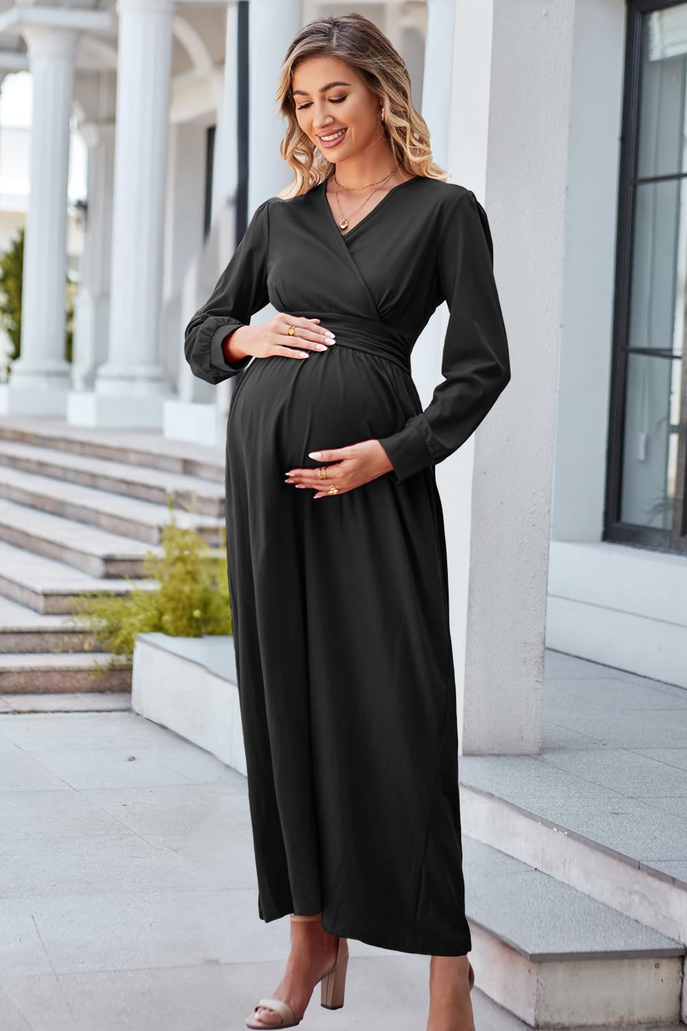 OUGES Maternity Maxi Dress - Long Sleeve Wrap V-Neck Pregnancy Dress for Baby Shower, Photoshoot & Fall Season | Comfortable Maternity Clothes for Special Occasions