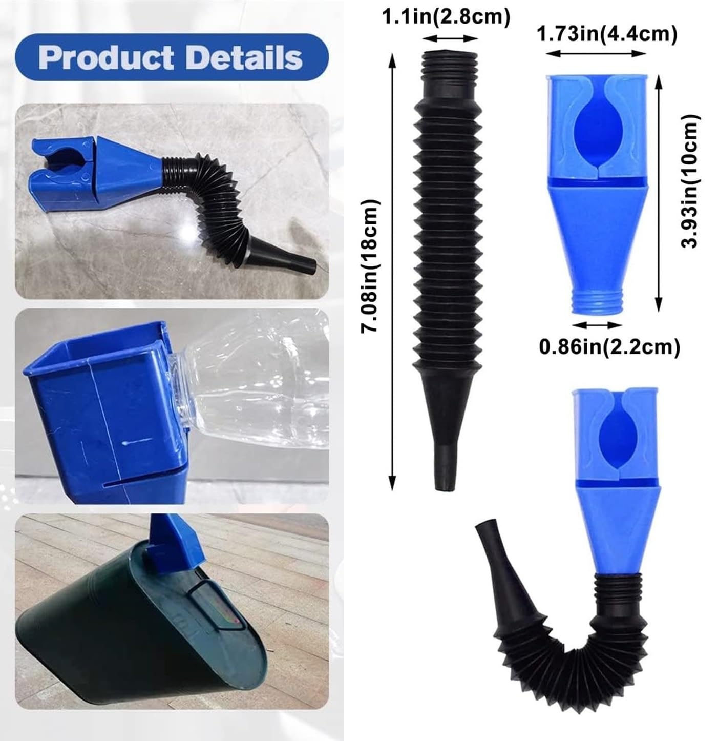 2023 Upgraded Retractable Auto Fuel Funnel - Flexible Snap Design Oil Change Funnel for Cars, Motorcycles & Trucks - Leak-Proof Plastic Gasoline Funnel with Extension Spout (Blue & White) - Perfect for DIY Oil Changes, Fluid Draining & Garage Maintenance
