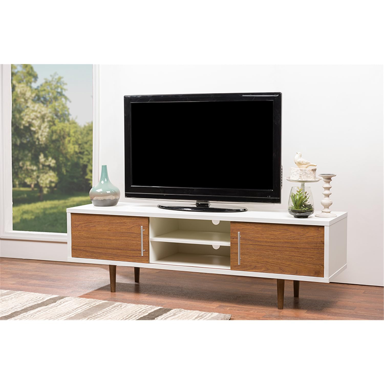 Baxton Studio Gemini Wood Contemporary TV Stand in White - Modern Entertainment Center for Living Room & Home Theater