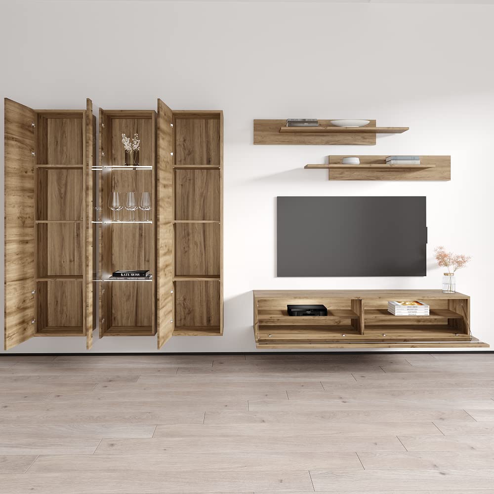 Modern Oak Floating TV Stand with Storage & LED Lights - Wall-Mounted Entertainment Center for Living Room & Bedroom - Space-Saving TV Console with Shelves - Perfect for Small Apartments & Home Theaters