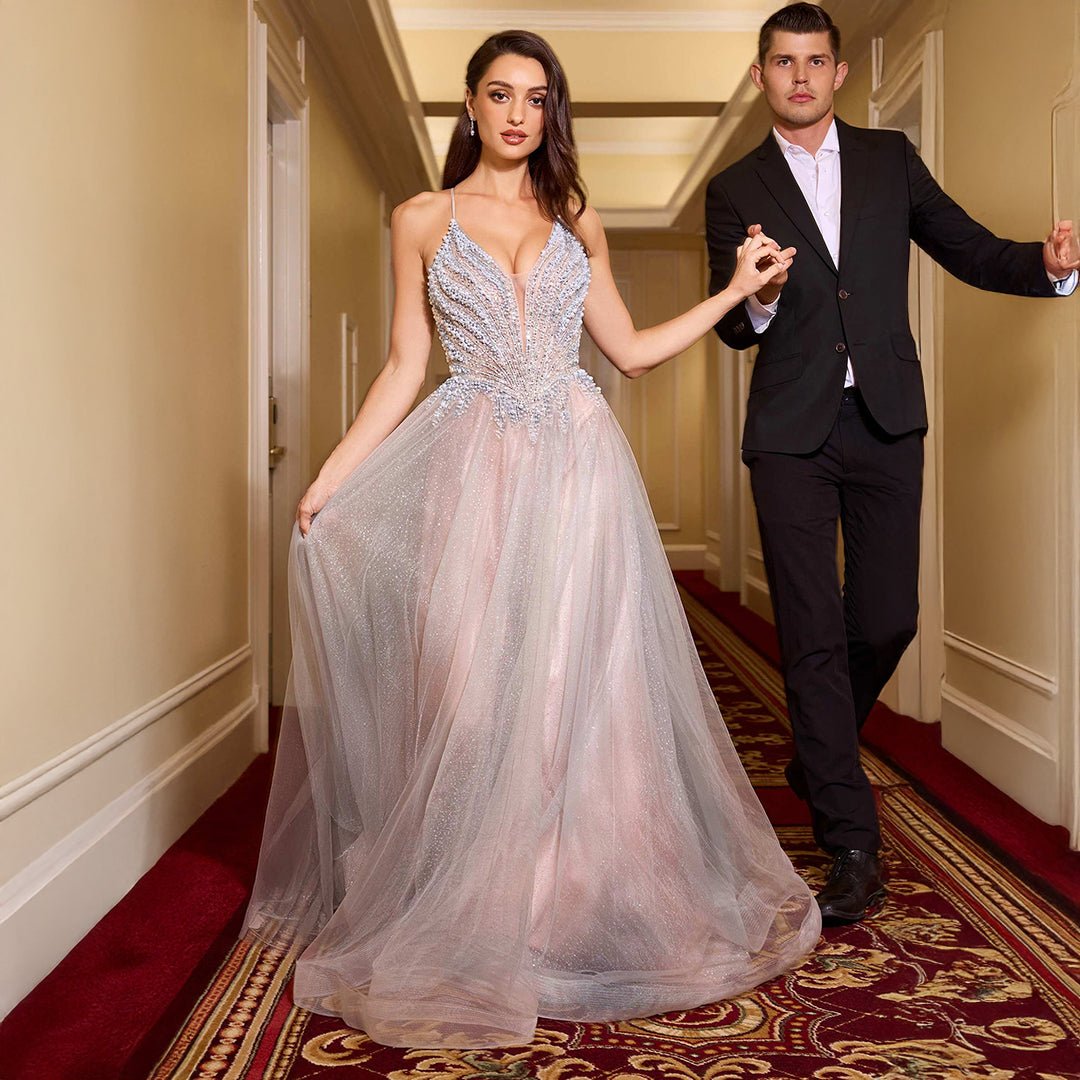 Ladivine by Cinderella Divine Silver Nude Pearl Beaded Sleeveless Prom Dress - Elegant Evening Gown for Homecoming, Formal Dances & Special Occasions