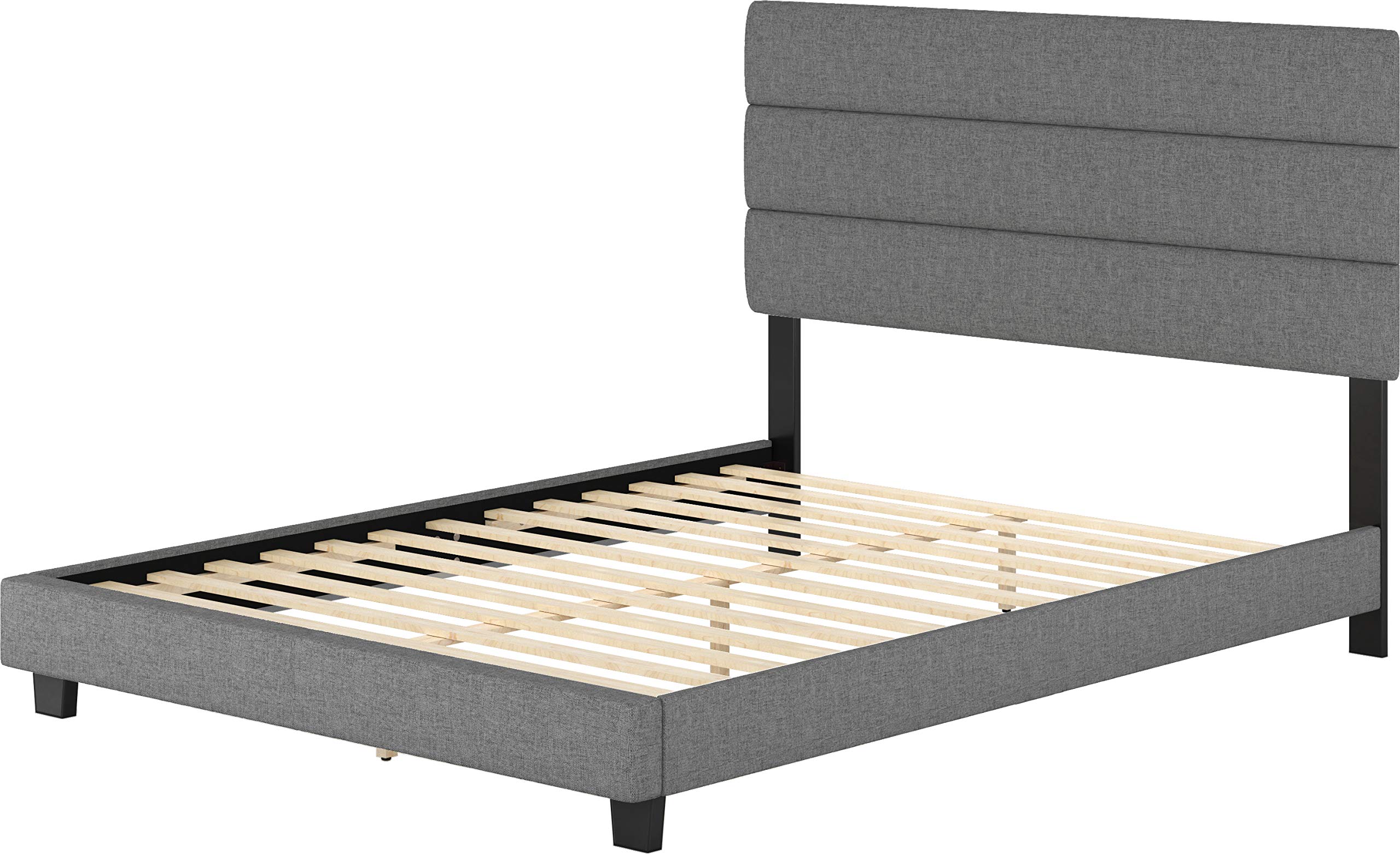 Boyd Sleep Sicily Upholstered Platform Bed Frame with Tri-Panel Headboard - Queen Size Mattress Foundation with Wood Slat Support in Linen Grey - Perfect for Modern Bedrooms & Guest Rooms