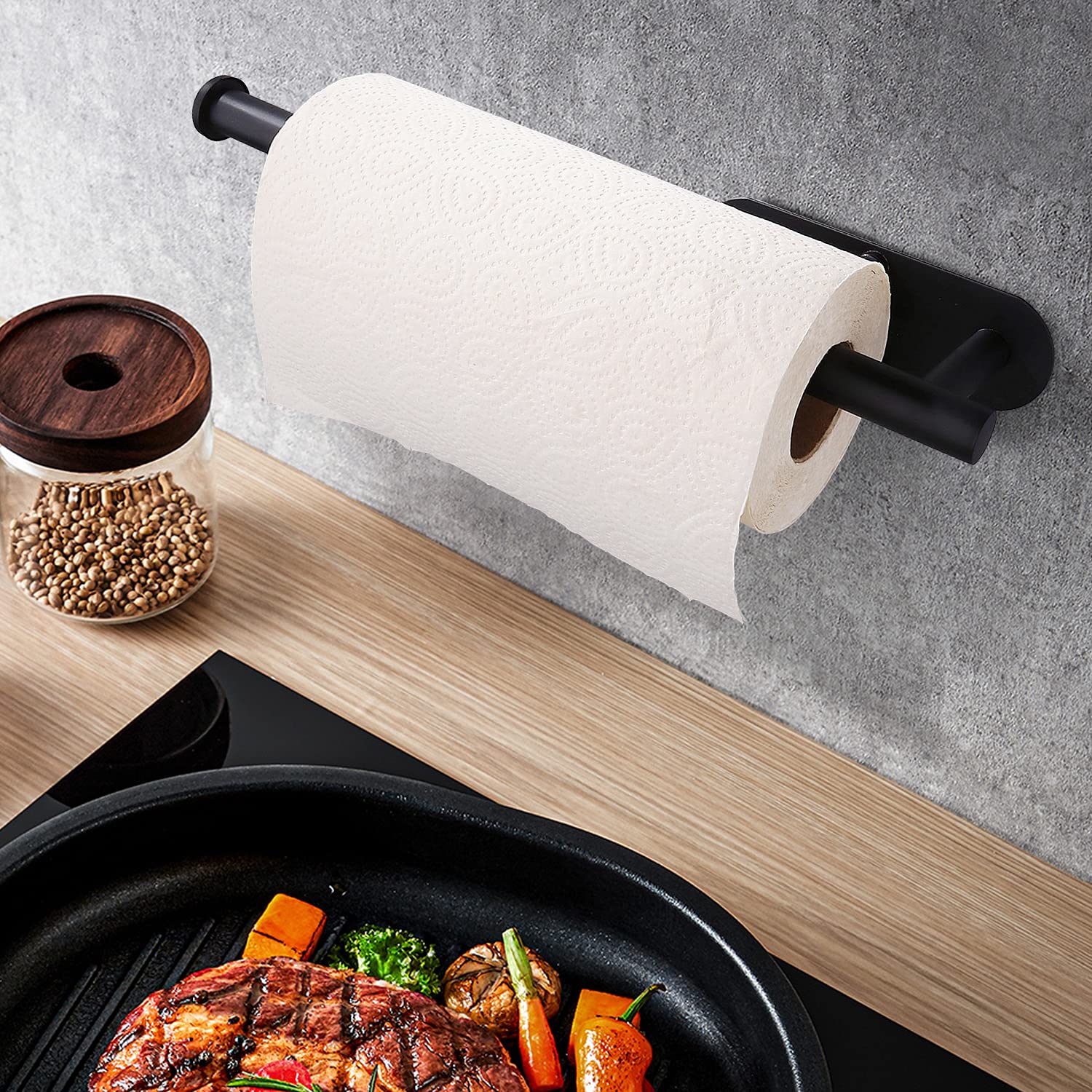 Black Paper Towel Holder for Kitchen - Under Cabinet Mount with Adhesive & Screws - Stainless Steel Roll Holder for Bulk Paper Towels - Perfect for Countertop & Cabinet Organization