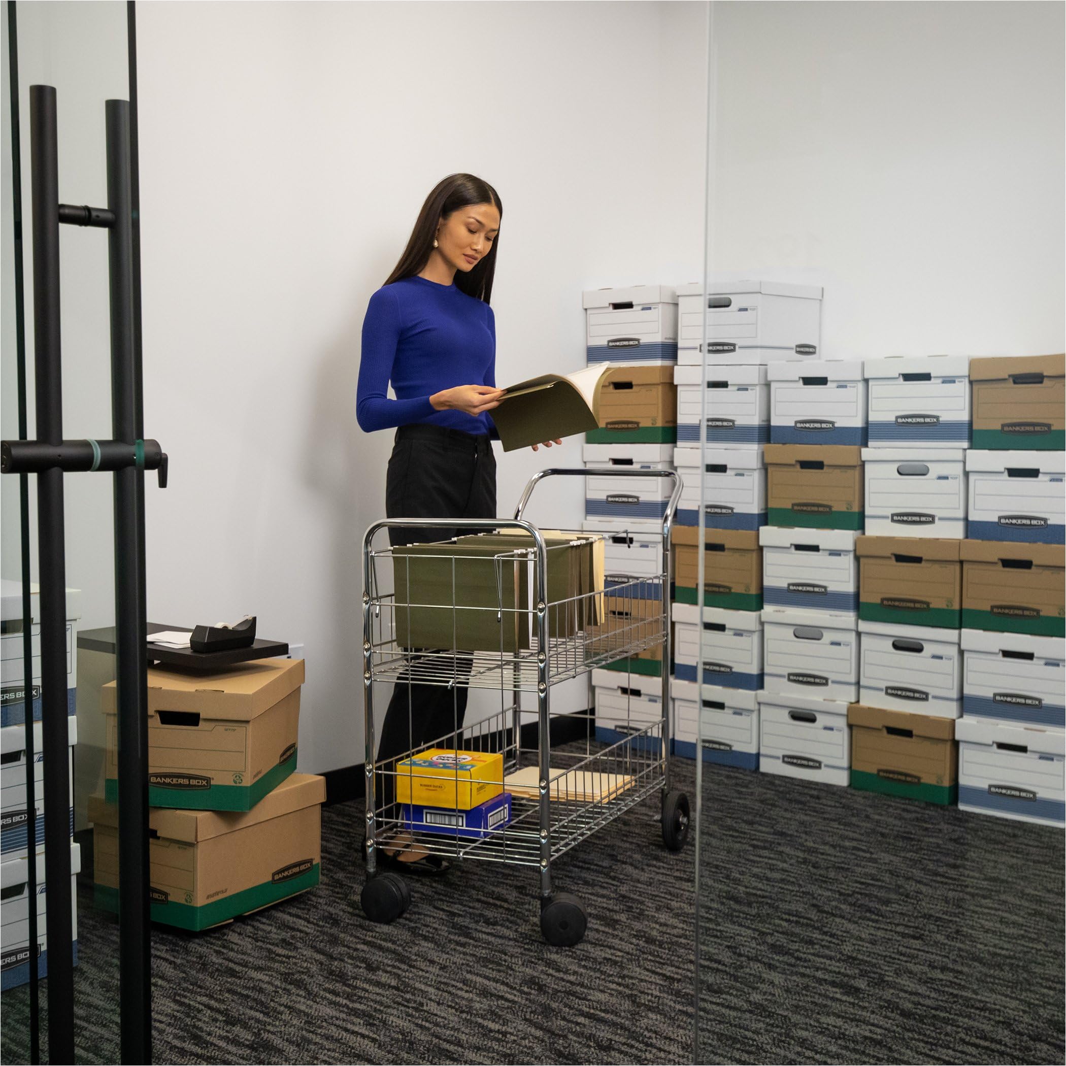 Fellowes 40912 Chrome-Plated Steel Wire Mail Cart with Upper & Lower Baskets - Heavy Duty Office Mail Organizer for Documents, Files & Supplies - Perfect for Mailrooms, Offices & Schools